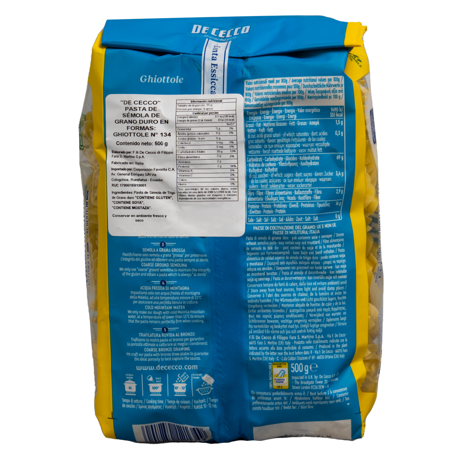Fideos Pasta Sémola Ghiottole DE CECCO Funda