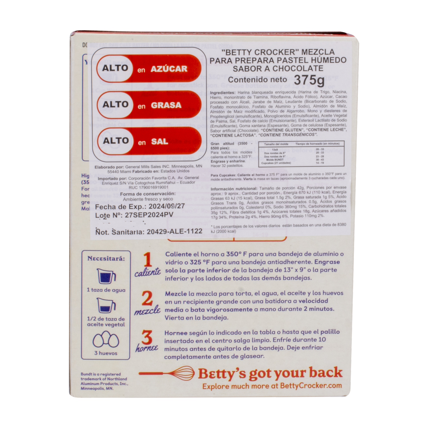 Premezcla Para Pastel Con Chocolate Humedo BETTY CROCKER 375 G