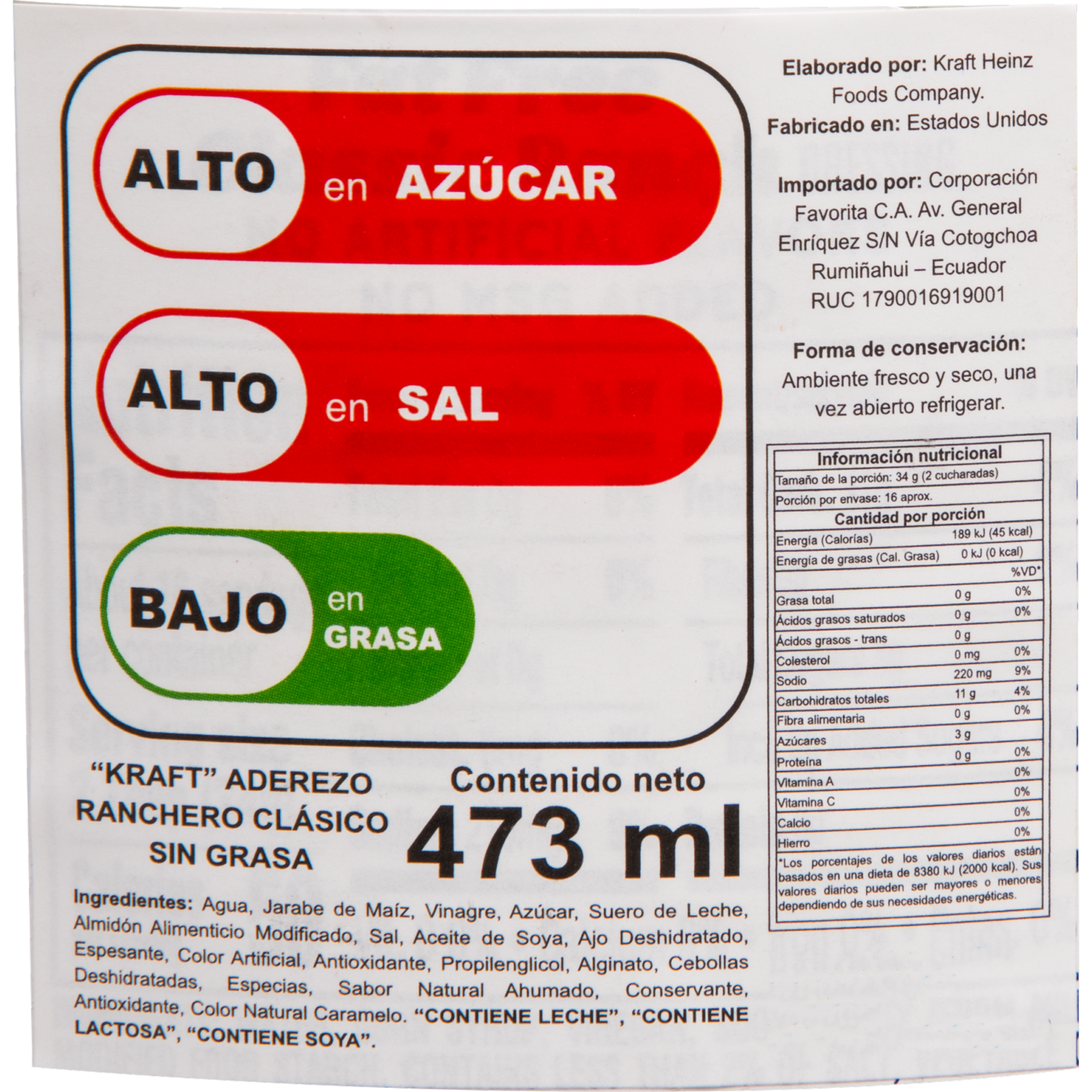 Aderezo Ranchero Sin Grasa KRAFT 473 ml