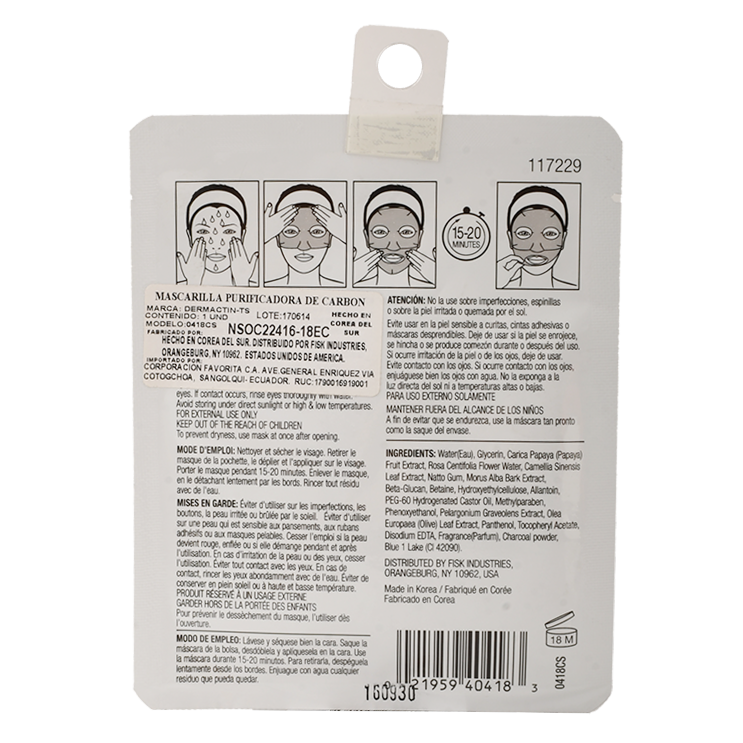 Mascarilla Facial Purificadora De Carbón DERMACTIN-TS Unidad