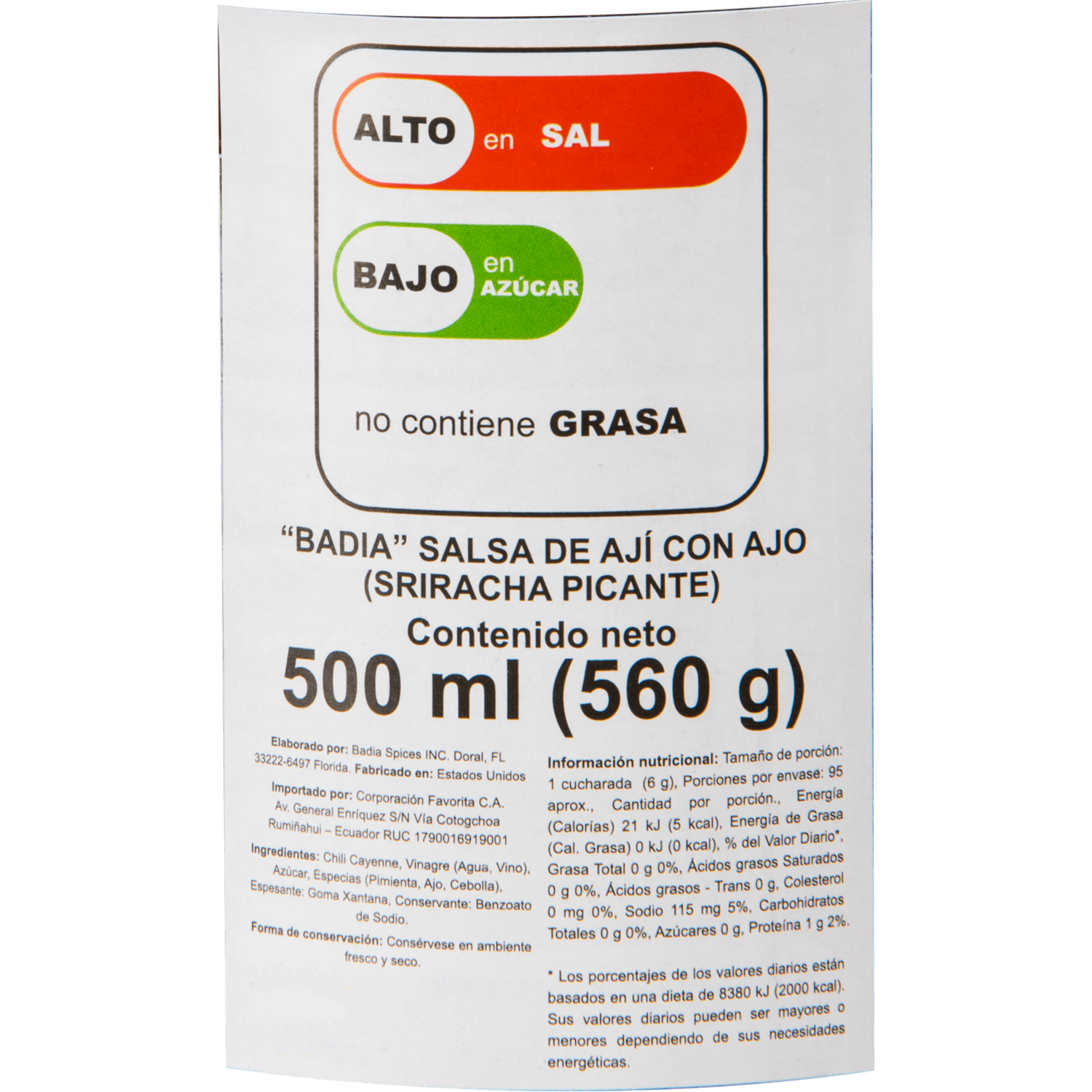 Salsa De Ají Con Ajo Sriracha BADIA 500 Ml