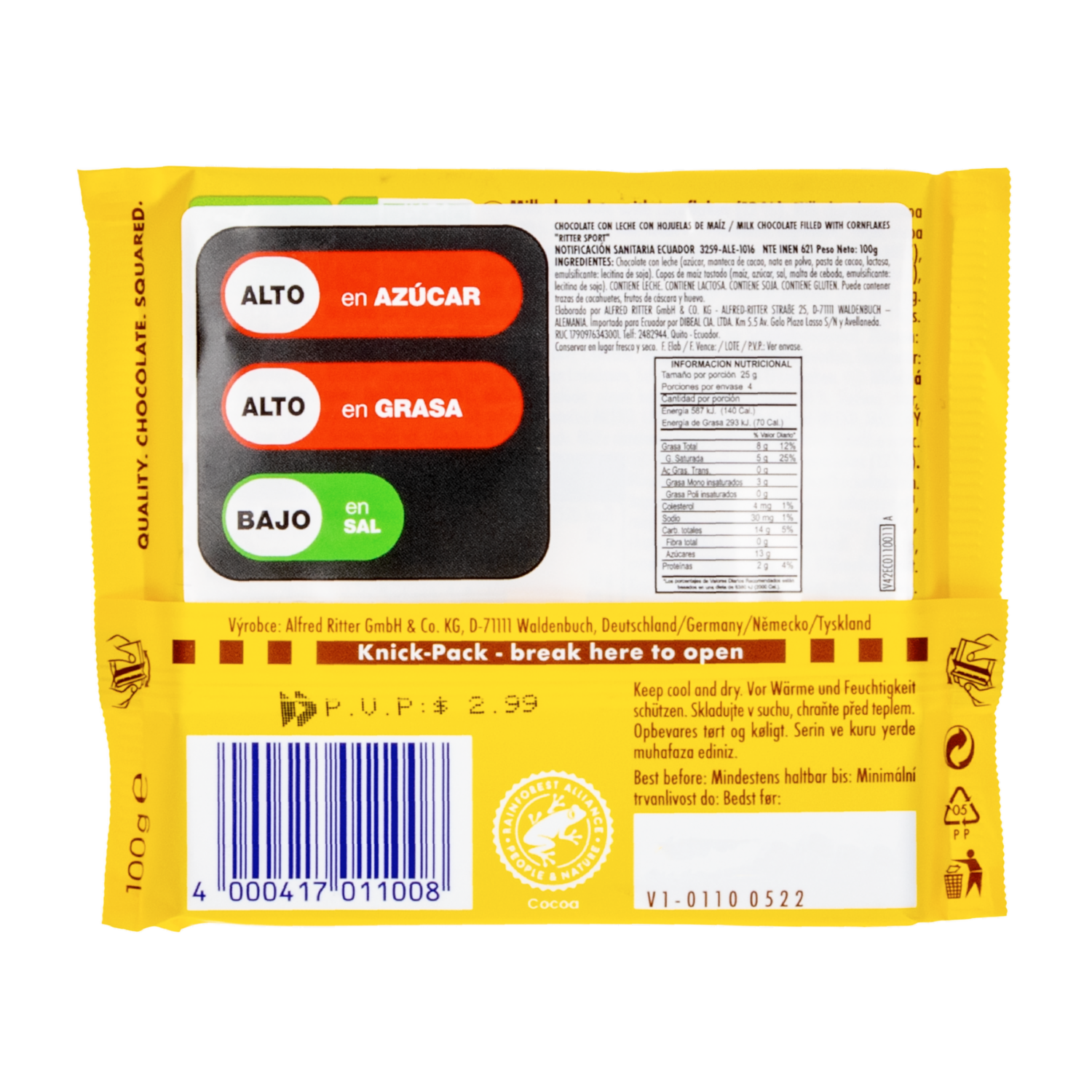 Chocolate En Barra Con Hojuelas De Maíz RITTER SPORT 100 G