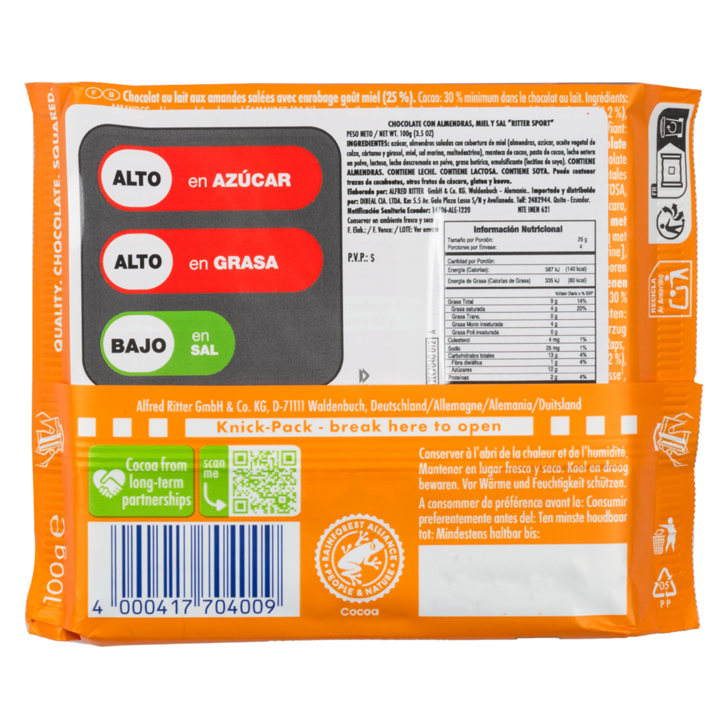 Chocolate De Almendras Y Sal RITTER SPORT 100 G