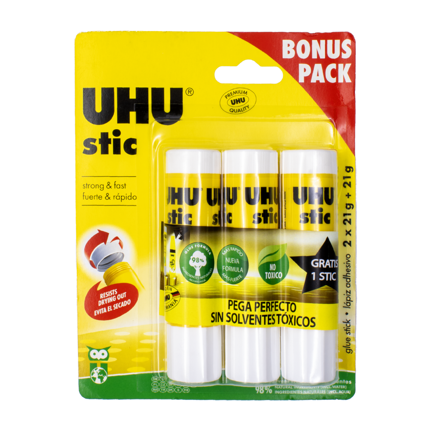 Pegamento Blanco En Barra Stick Sin Solvente UHU Blister 2+1