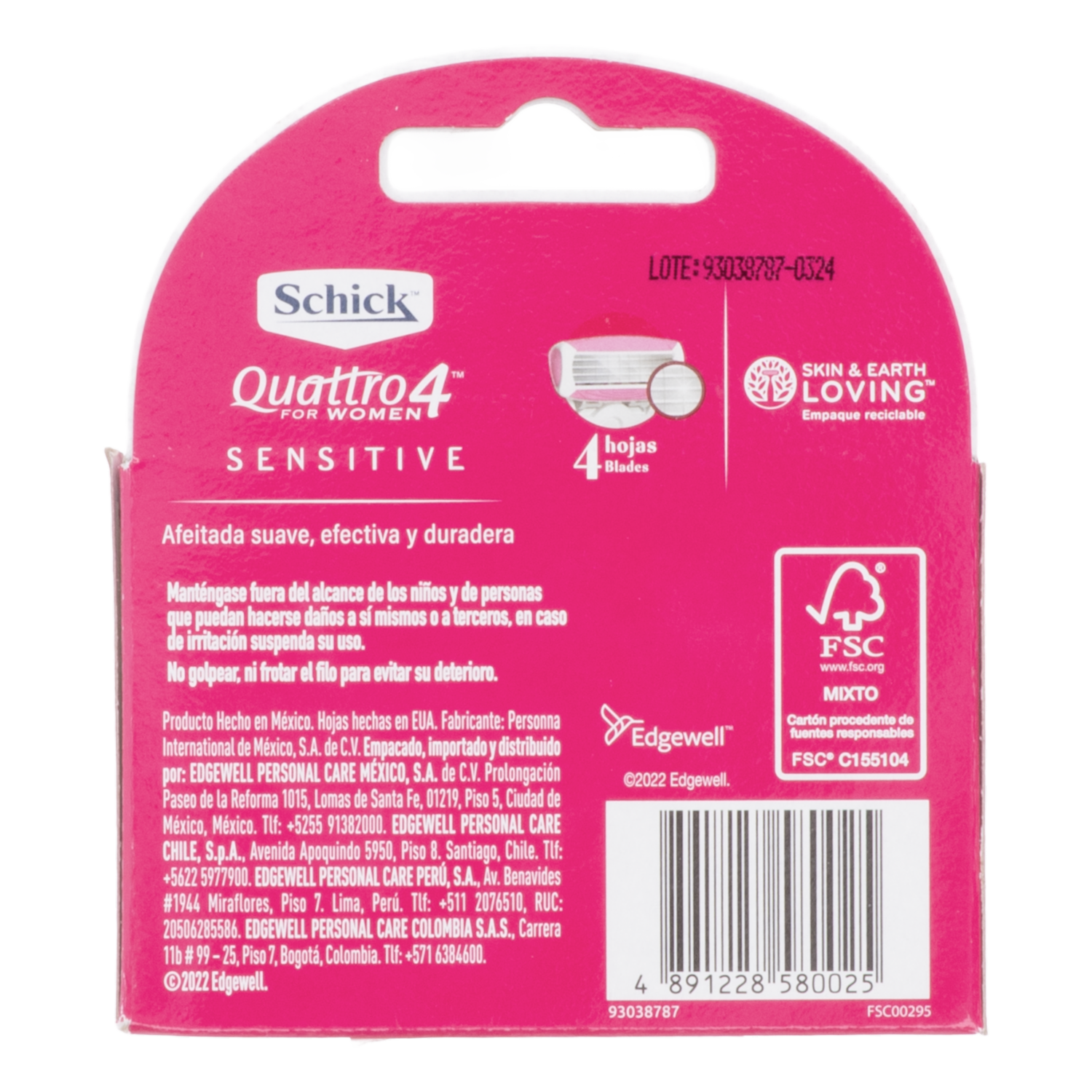 Repuesto De Razuradora Para Mujer Quattro4 Sensitive SCHICK X2 Uds