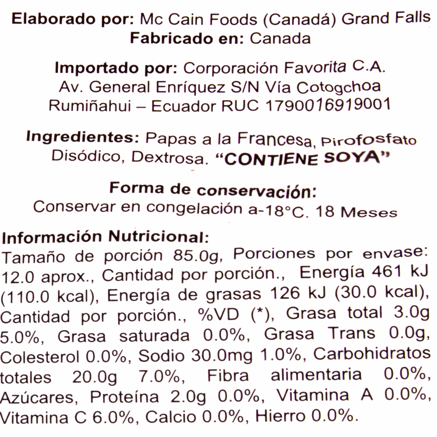 Papas Corte Recto MCCAIN 1000 g