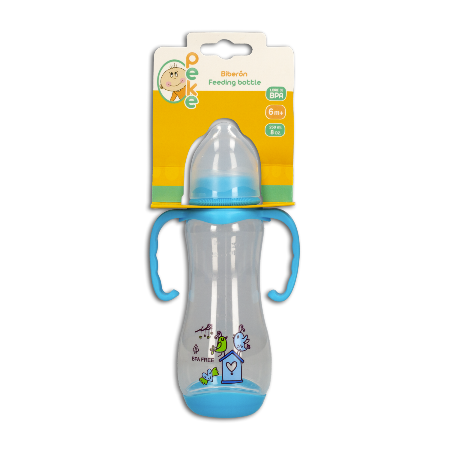 Biberón Ergonómica 6m + Con Agarradera Color Azul PEKE 250 Ml