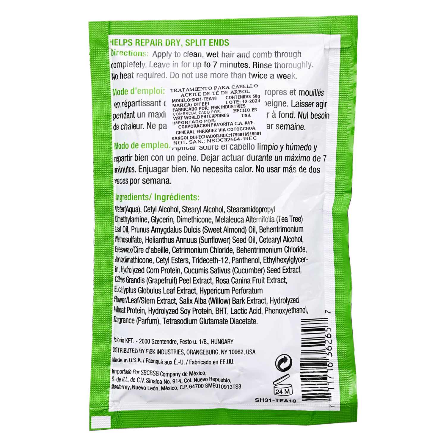 Mascara Capilar De Aceite De Árbol De Té DIFEEL 50 G
