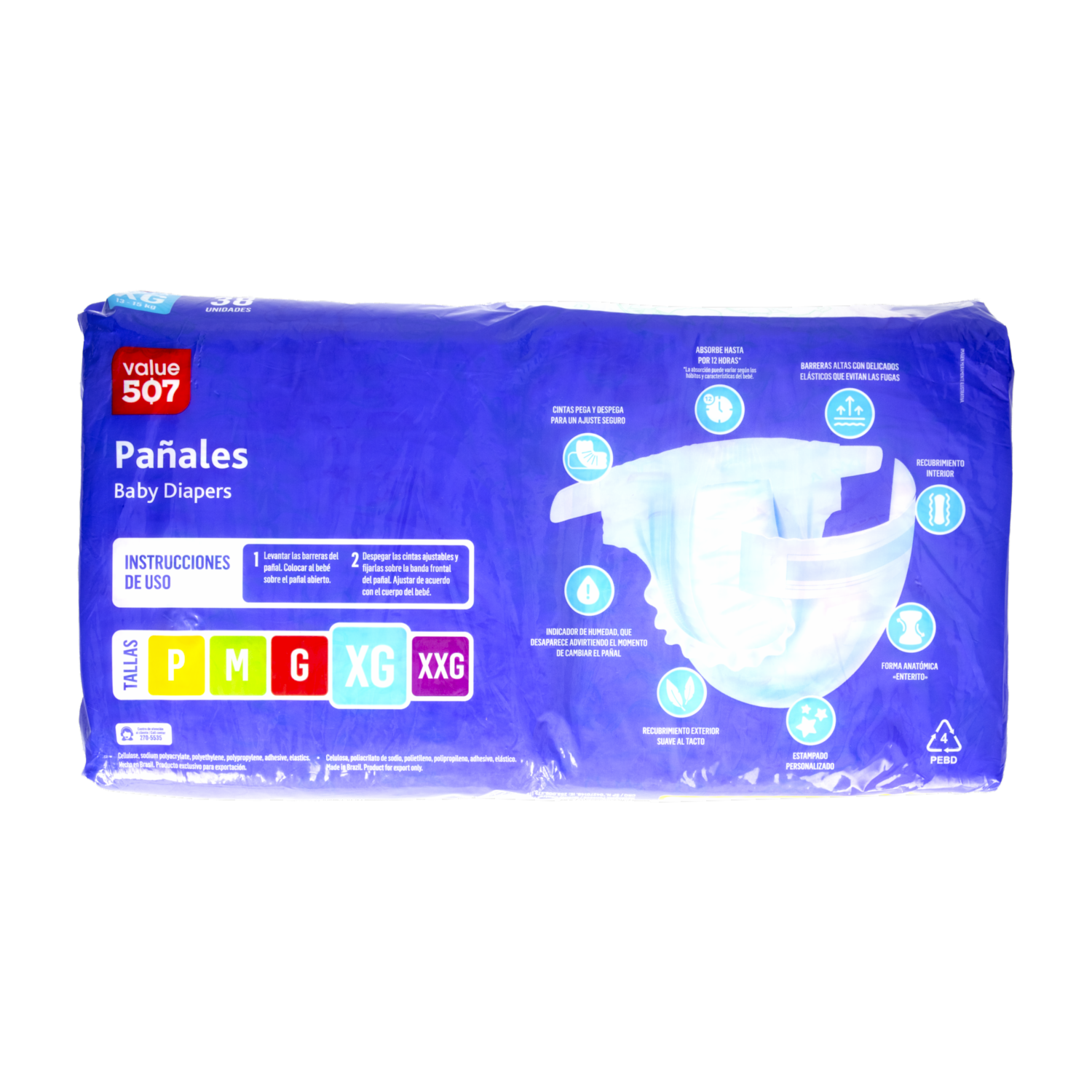 Pañales Mega Grande VALUE 507 X 38 Uds