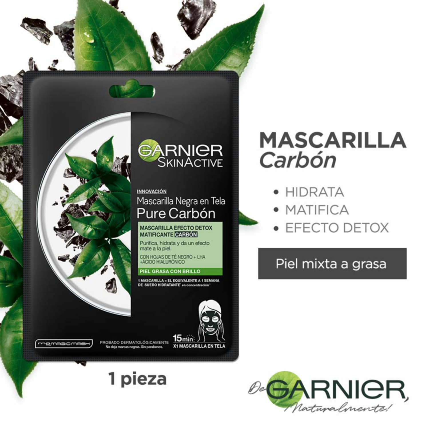 Mascarilla Facial En Tela Detox Matificante Carbón Para Piel Grasa GARNIER SKIN ACTIVE 1 Pza 28 G