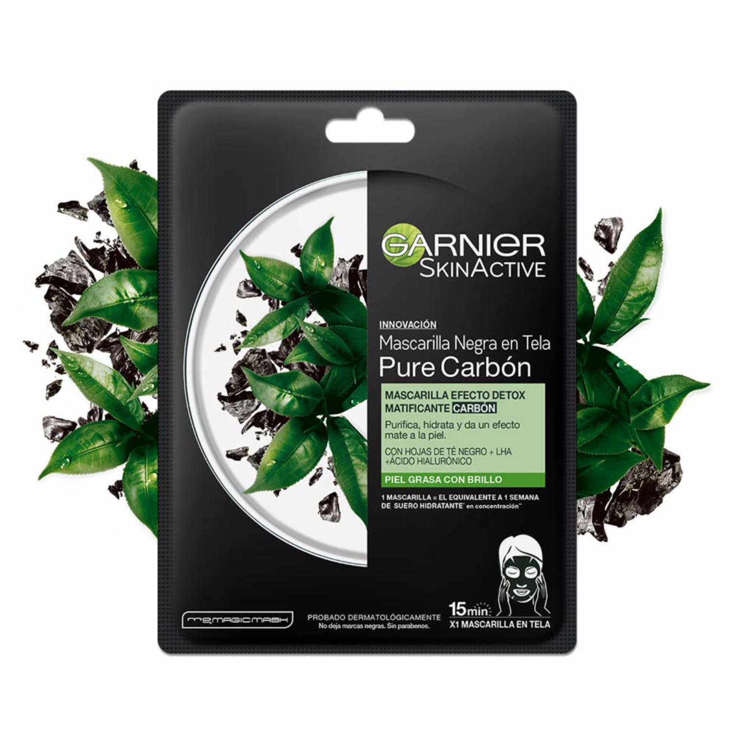 Mascarilla Facial En Tela Detox Matificante Carbón Para Piel Grasa GARNIER SKIN ACTIVE 1 Pza 28 G