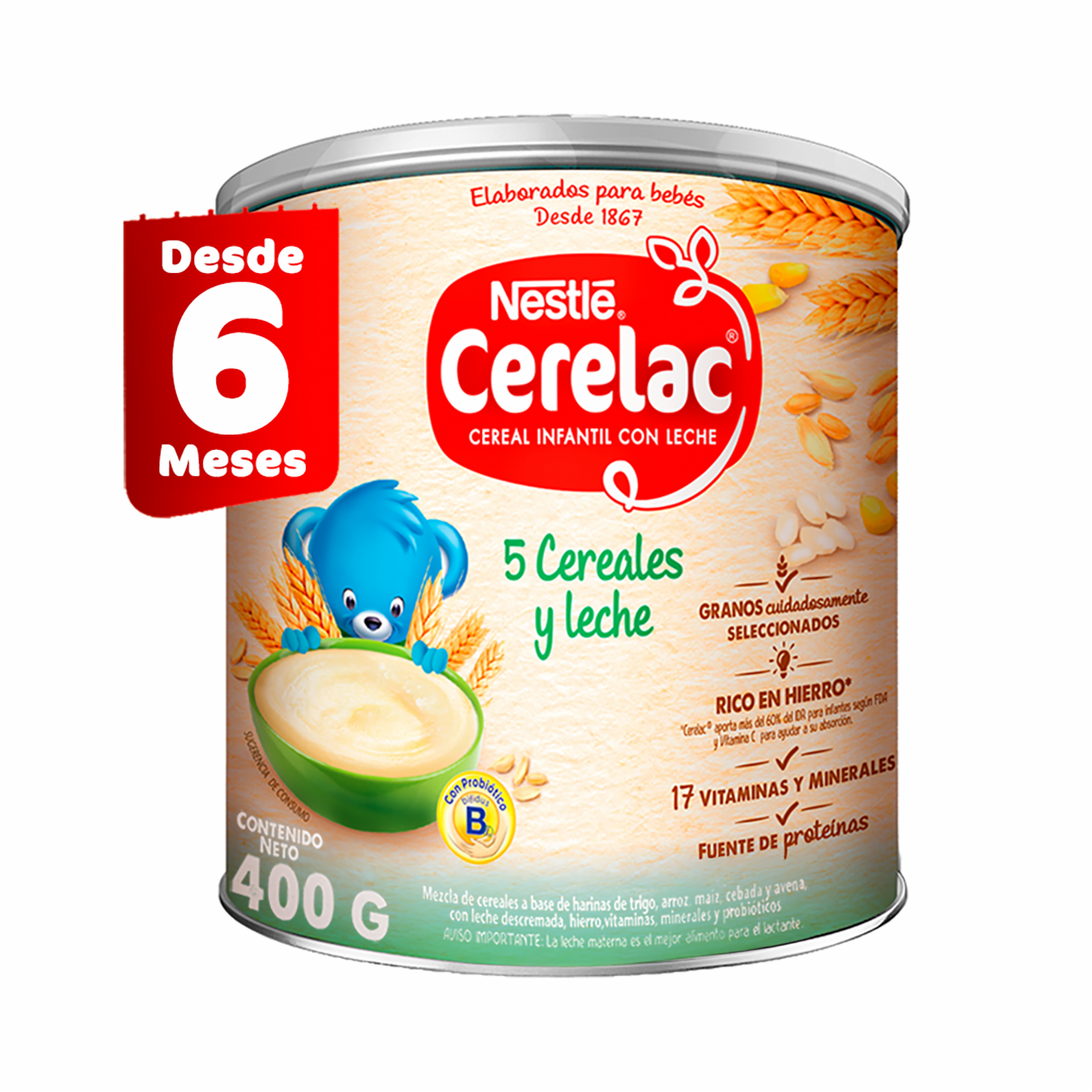 Cereal Infantil Con 5 Cereales, Leche Y Probióticos Bífidus Bl +12 Meses CERELAC 400 G