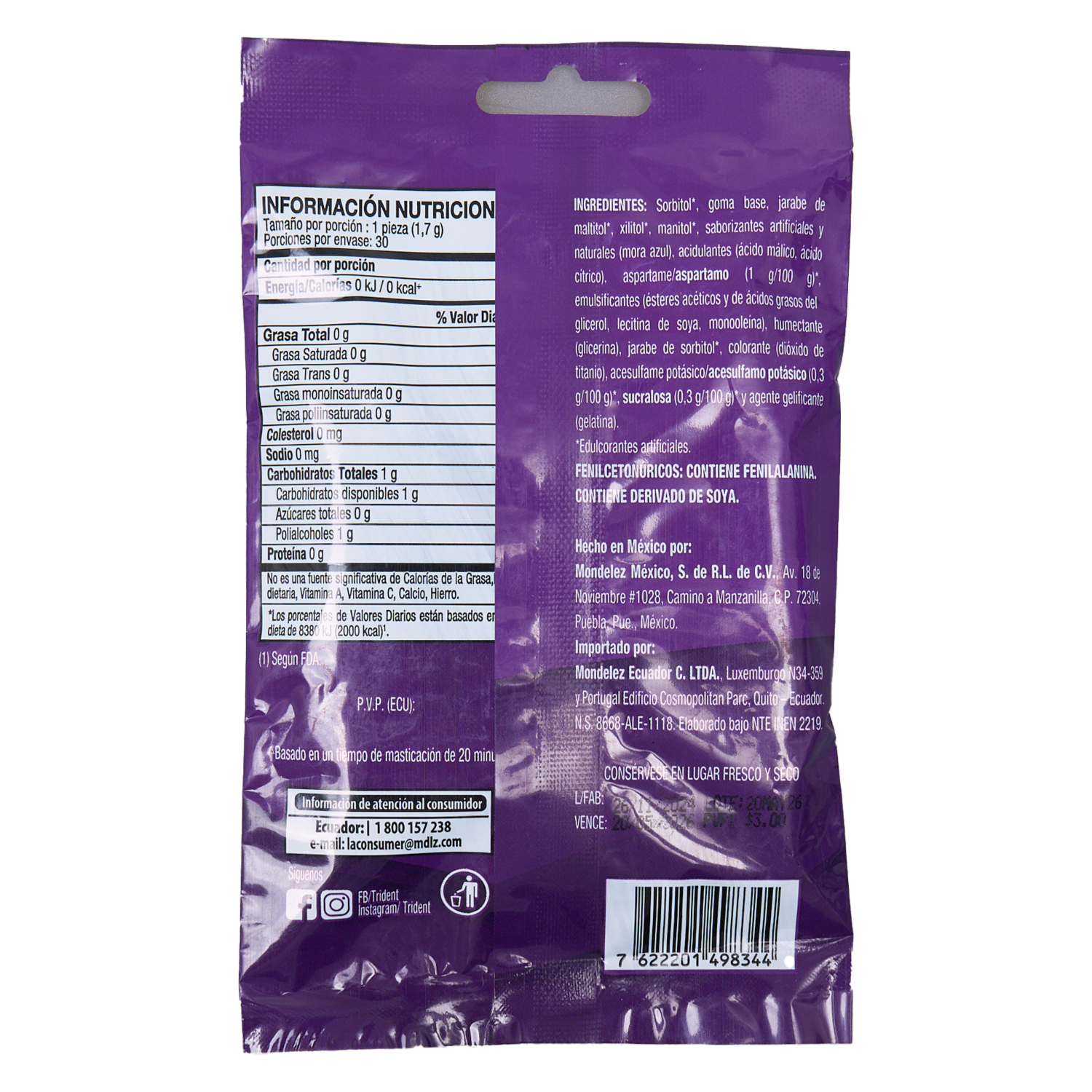 Chicles Sabor A Mora Azul TRIDENT 51 G