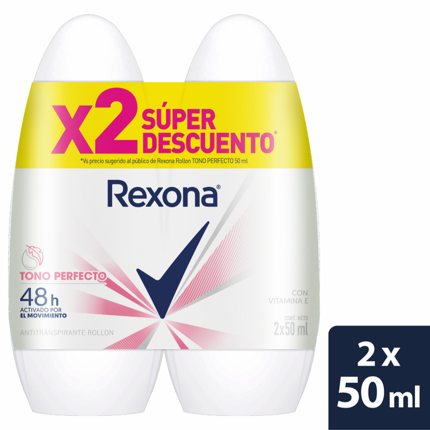 Desodorante En Roll On Para Dama Tono Perfecto REXONA 2 X 50 Ml