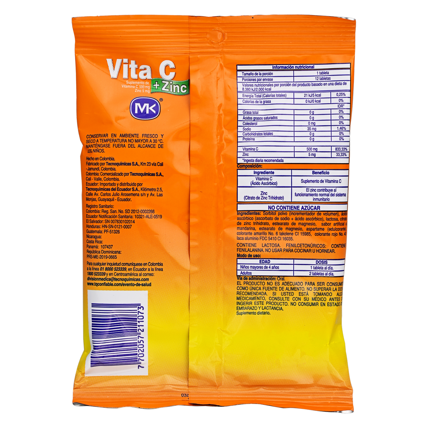 Vitamina C Zinc Mandarina 500 Mg MK Caja