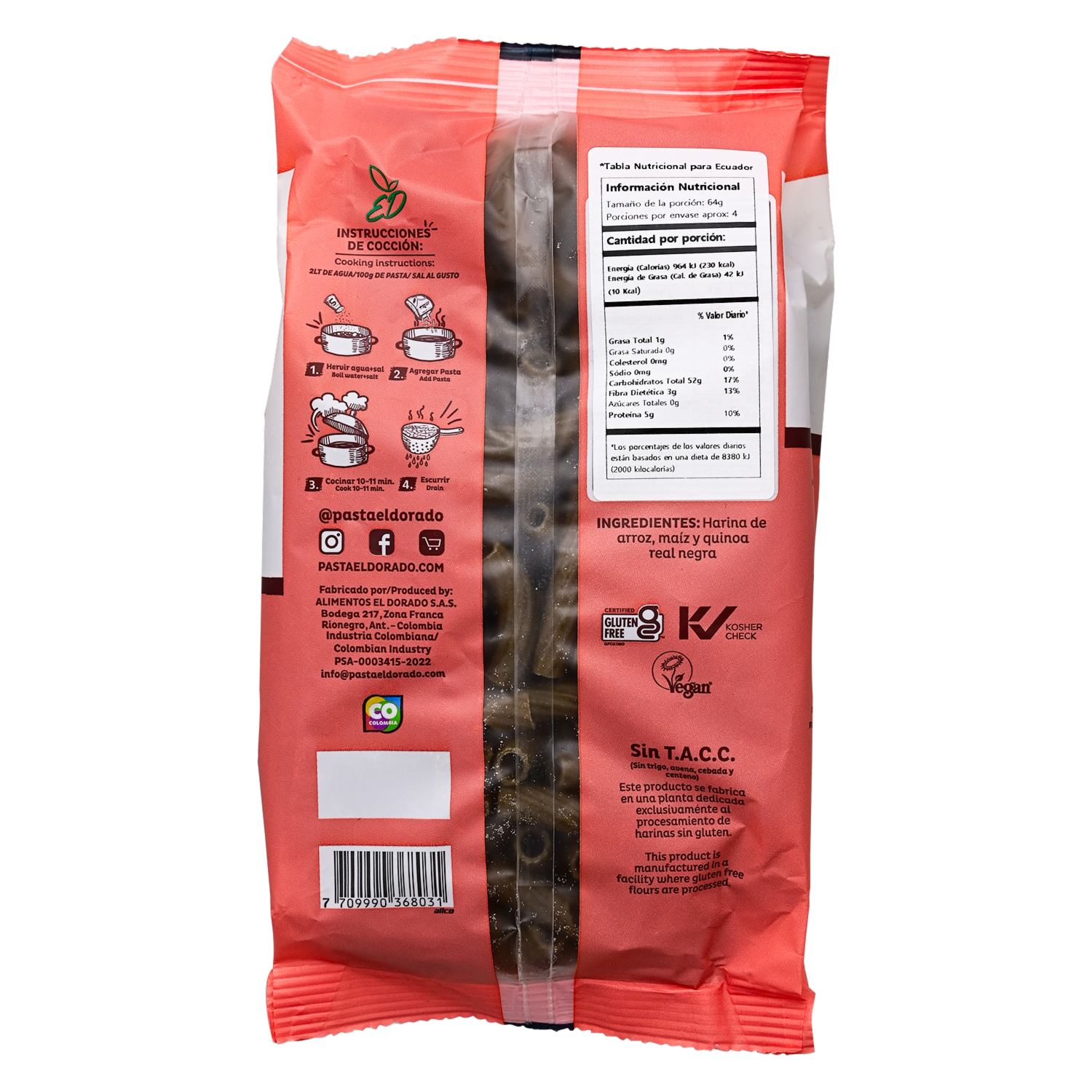 Pasta De Quinoa Real Sedani Sin Gluten EL DORADO 250  G