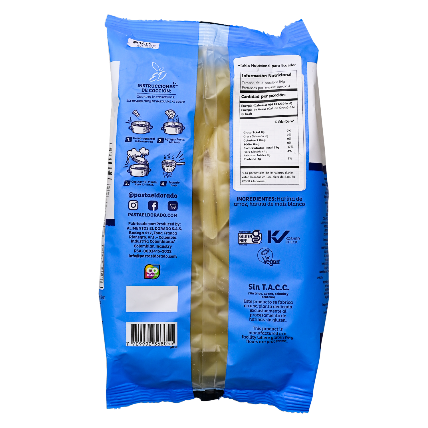 Penne Pasta De Arroz Sin Gluten EL DORADO 250  G