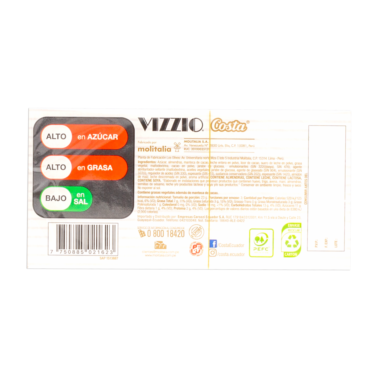 Chocolate Almendras Cubiertas Con Leche VIZZIO 69 G