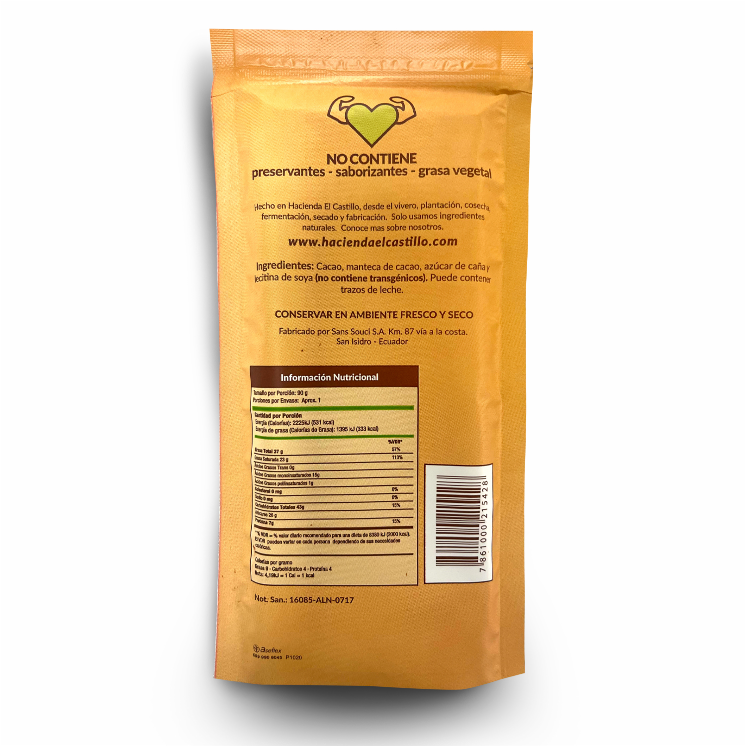 Chocolate 70% Cacao Ecuatoriano HACIENDA EL CASTILLO 90 G