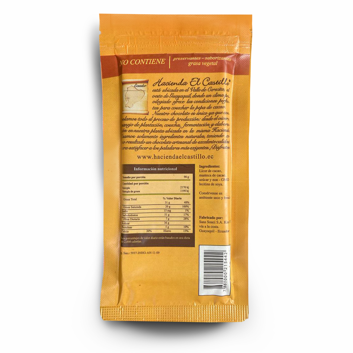 Chocolate 55% Cacao Ecuatoriano HACIENDA EL CASTILLO 90 G