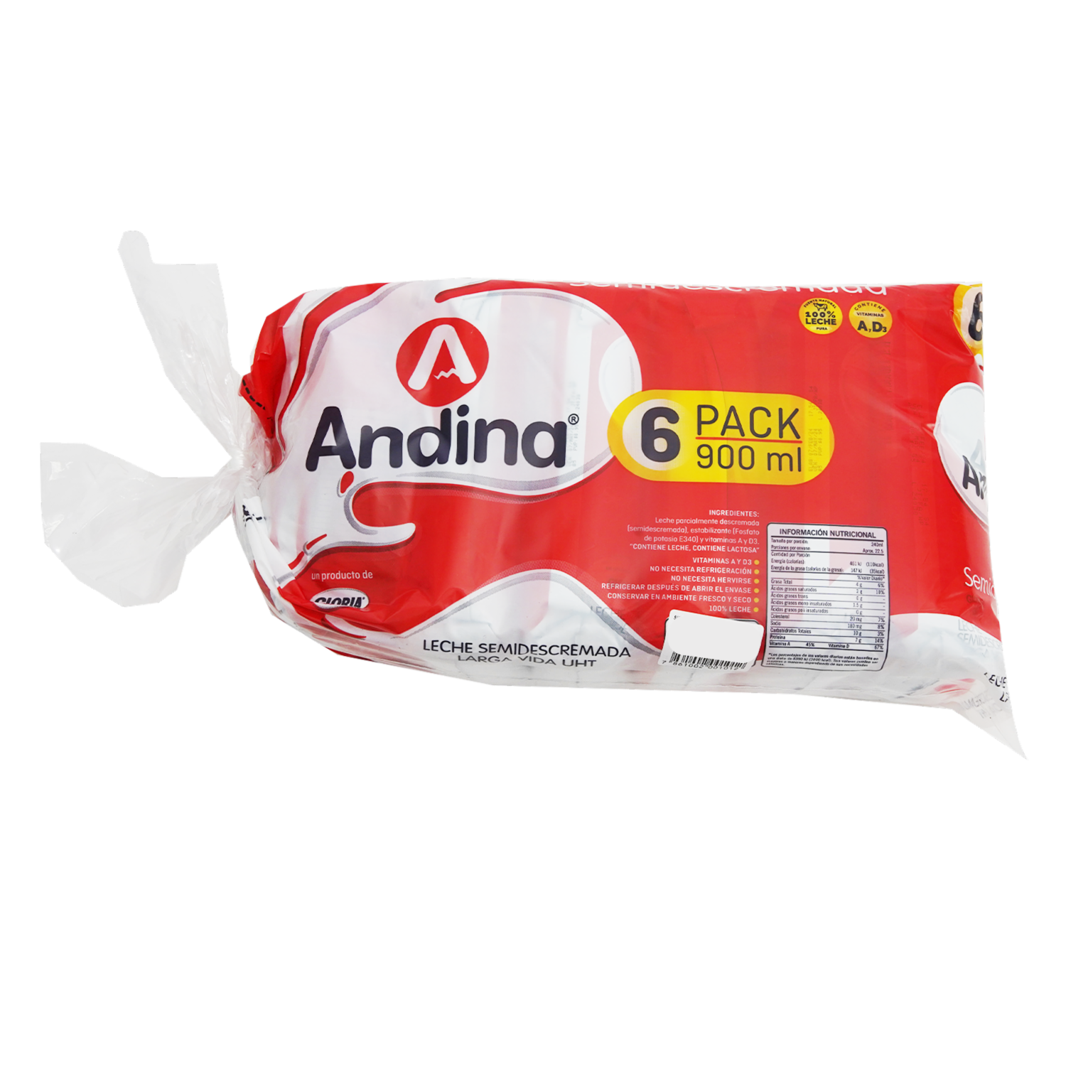 Pack Leche Semidescremada En Funda ANDINA 6 X 900 Ml