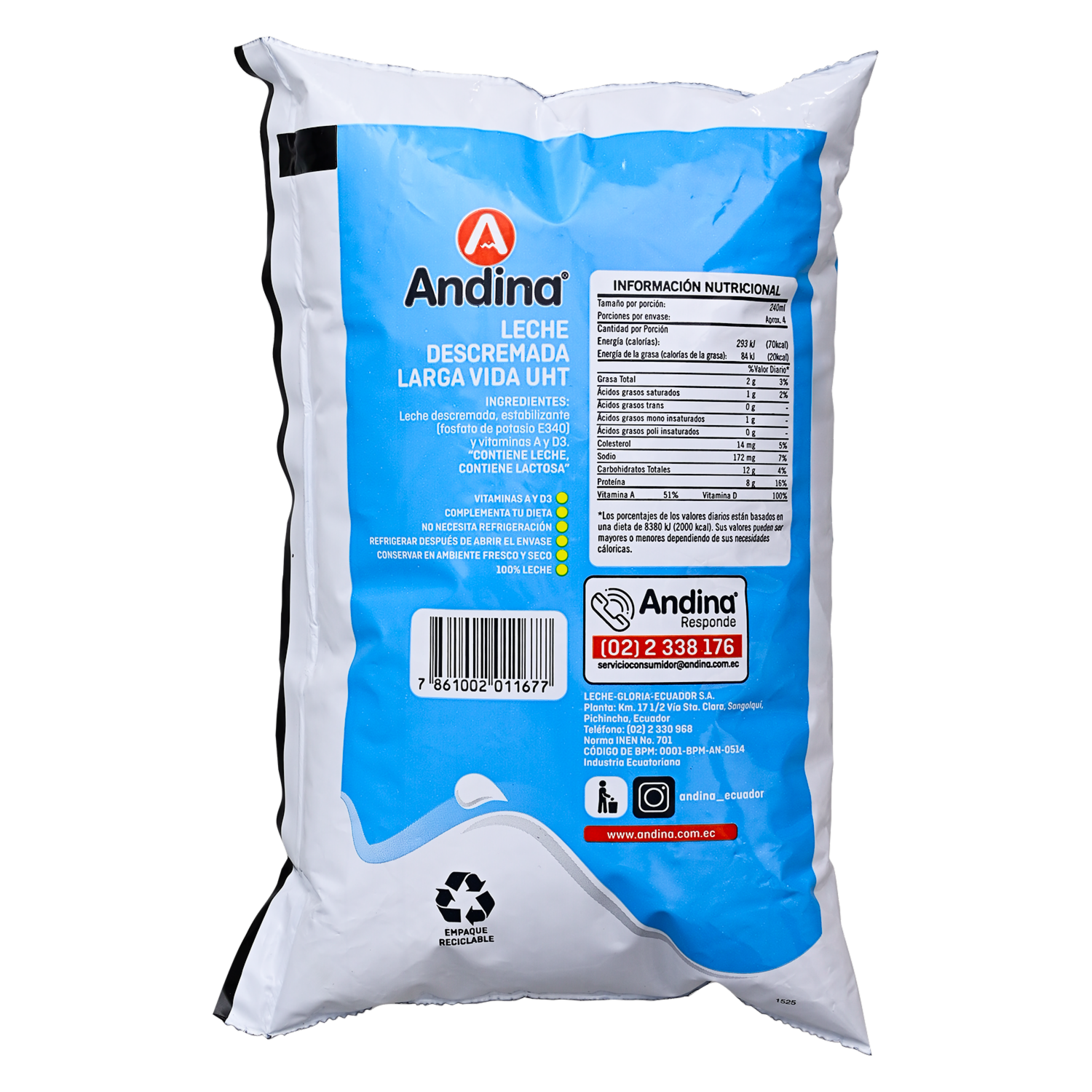Leche Descremada Uht En Funda ANDINA 900 Ml