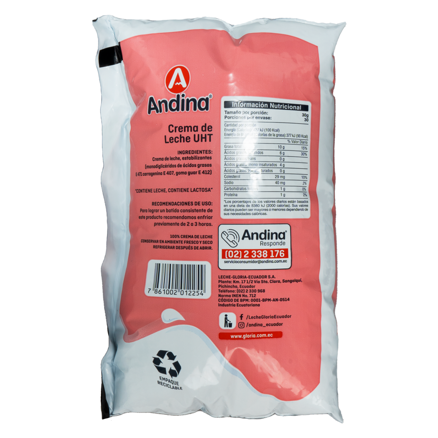 Crema De Leche Funda Uht ANDINA 900 Ml