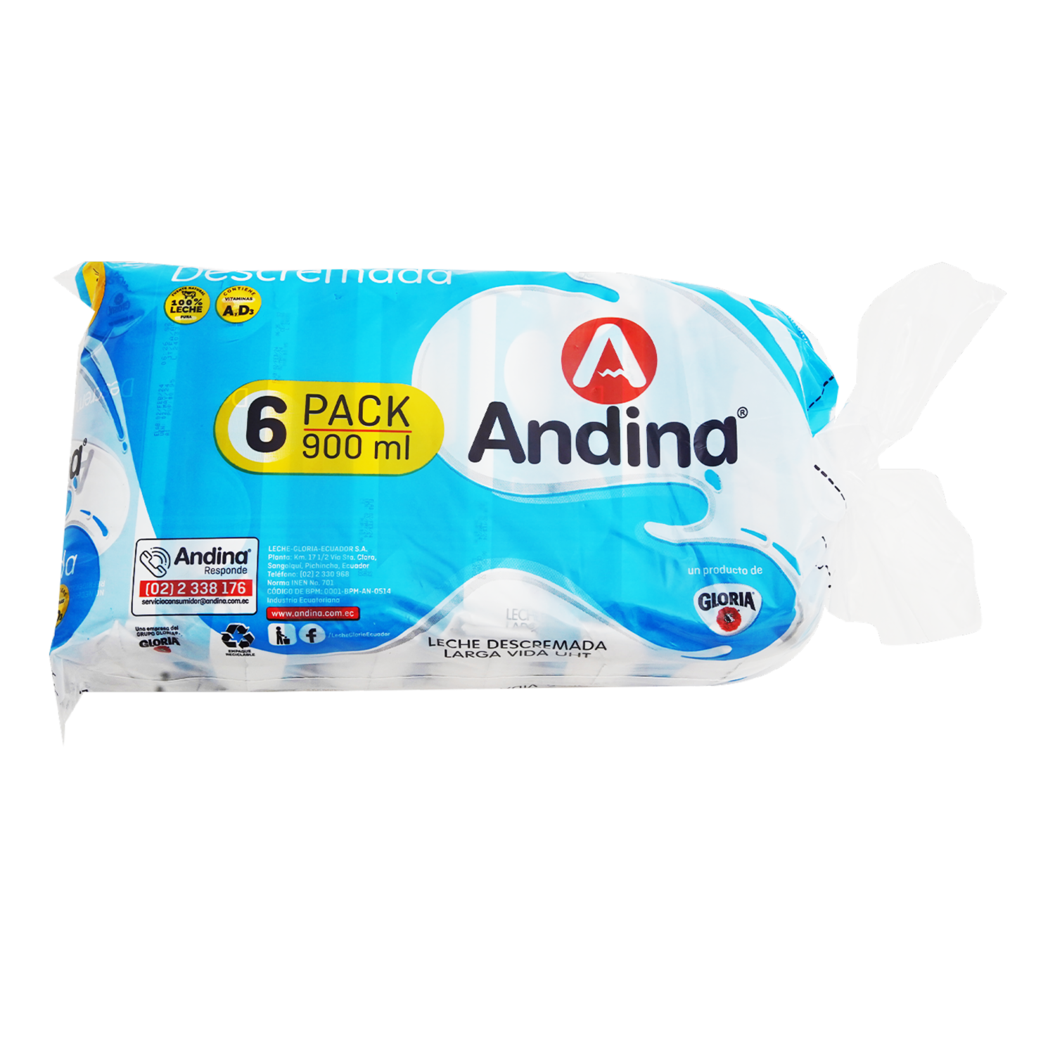 Pack De Leche Descremada En Funda ANDINA 6 X 900 Ml