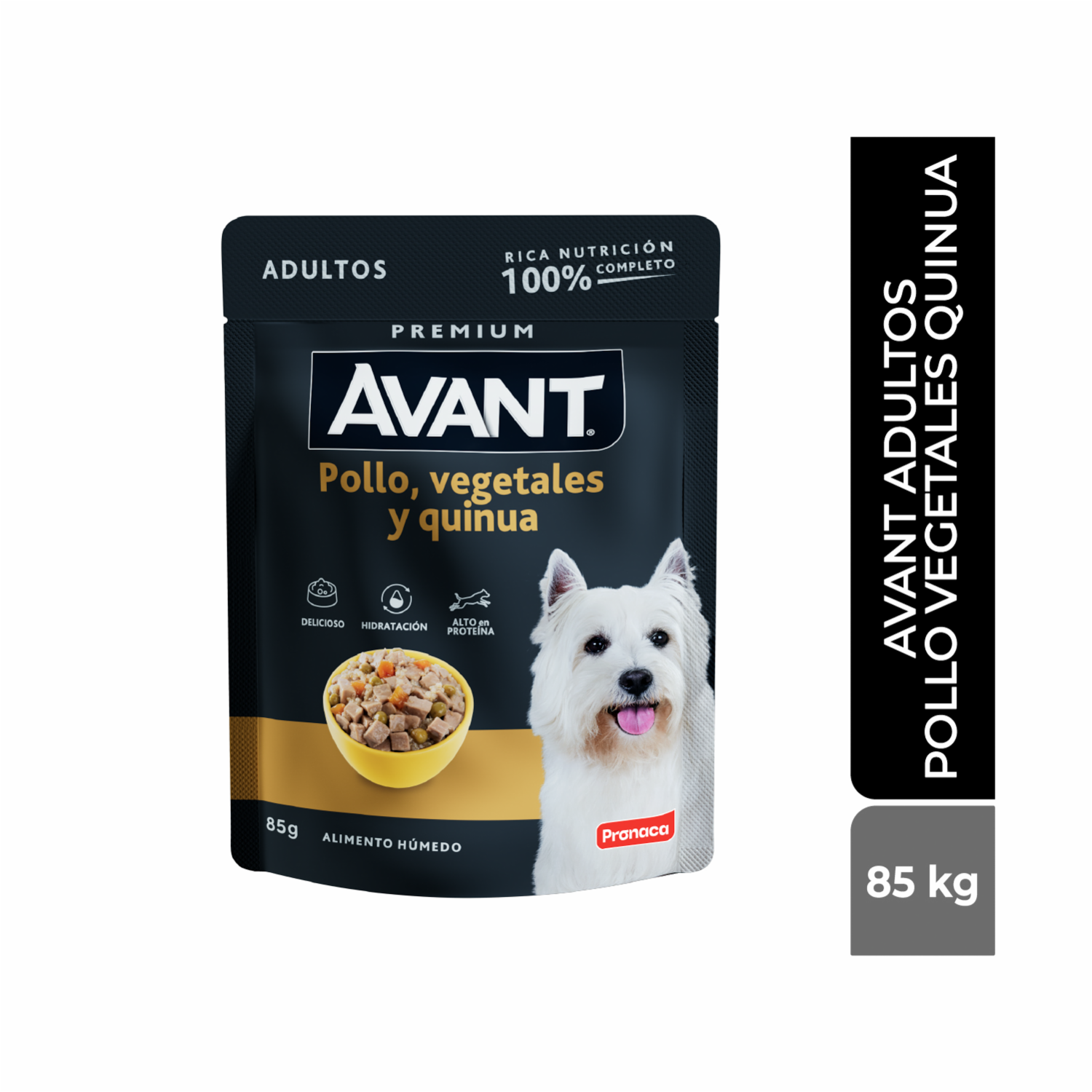 Alimento Húmedo Para Perros Adultos Sabor A Pollo Vegetales Y Quinua En Pouch AVANT 85 G