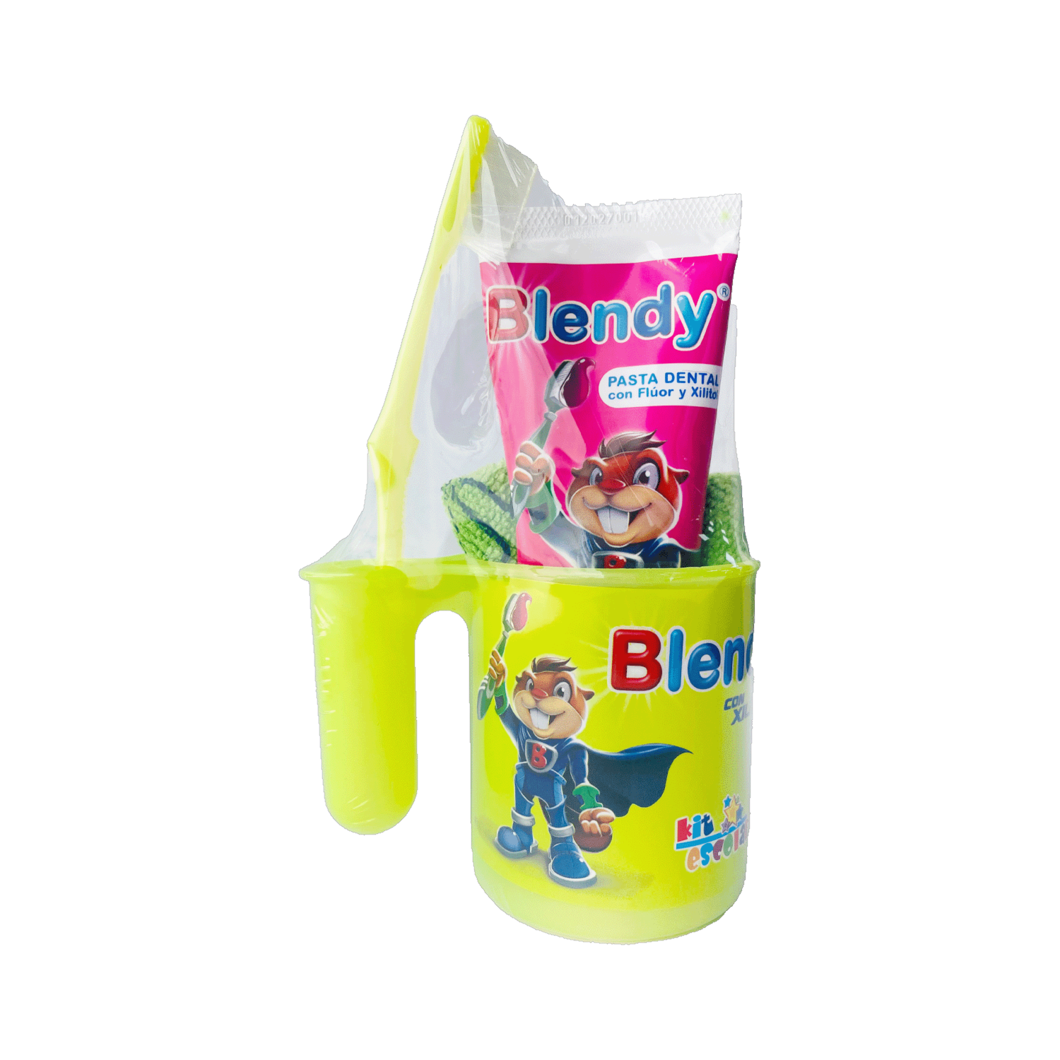 Kit Higiene Bucal Escolar Pasta + Cepillo +Toalla + Vaso BLENDY Pack X4 U