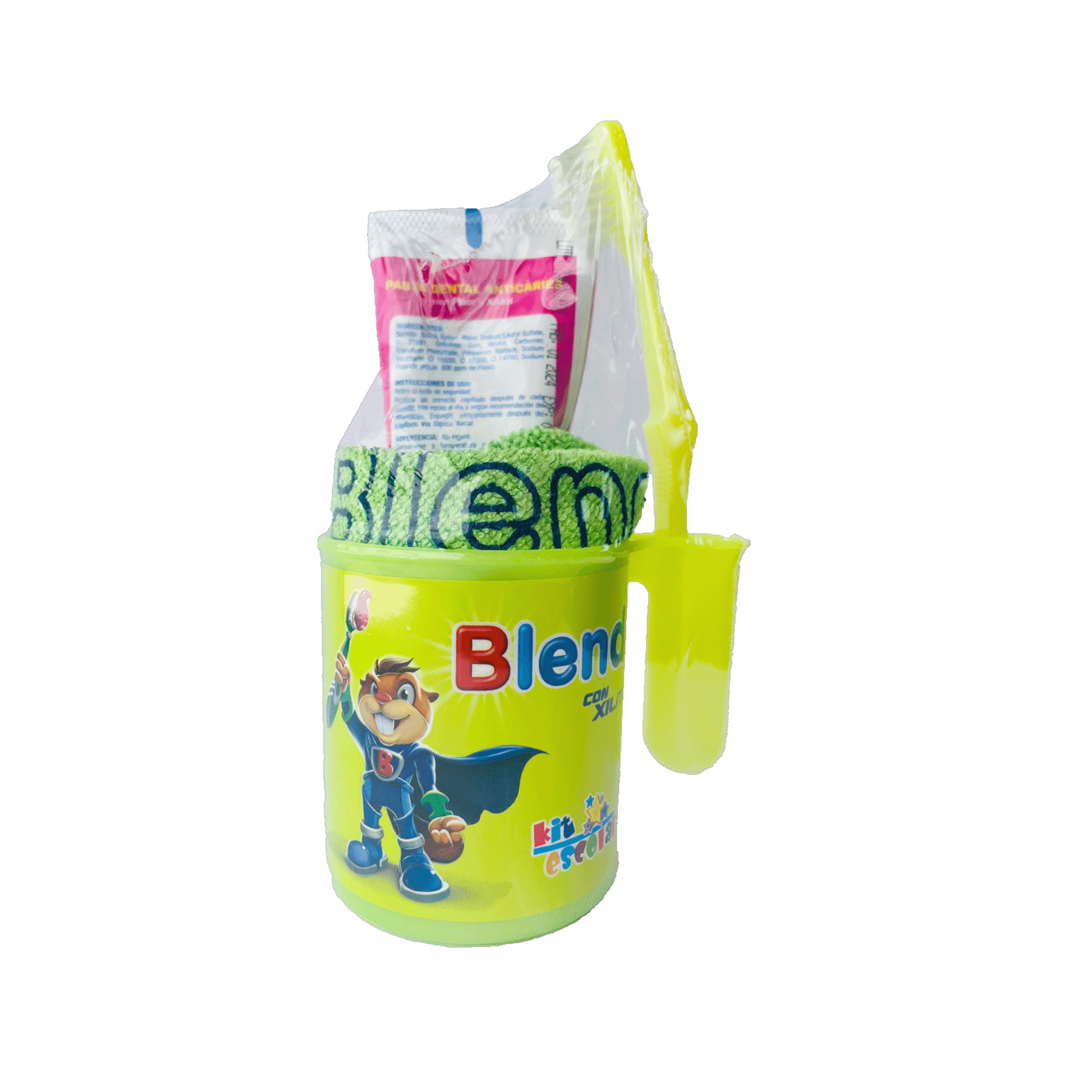 Kit Higiene Bucal Escolar Pasta + Cepillo +Toalla + Vaso BLENDY Pack X4 U