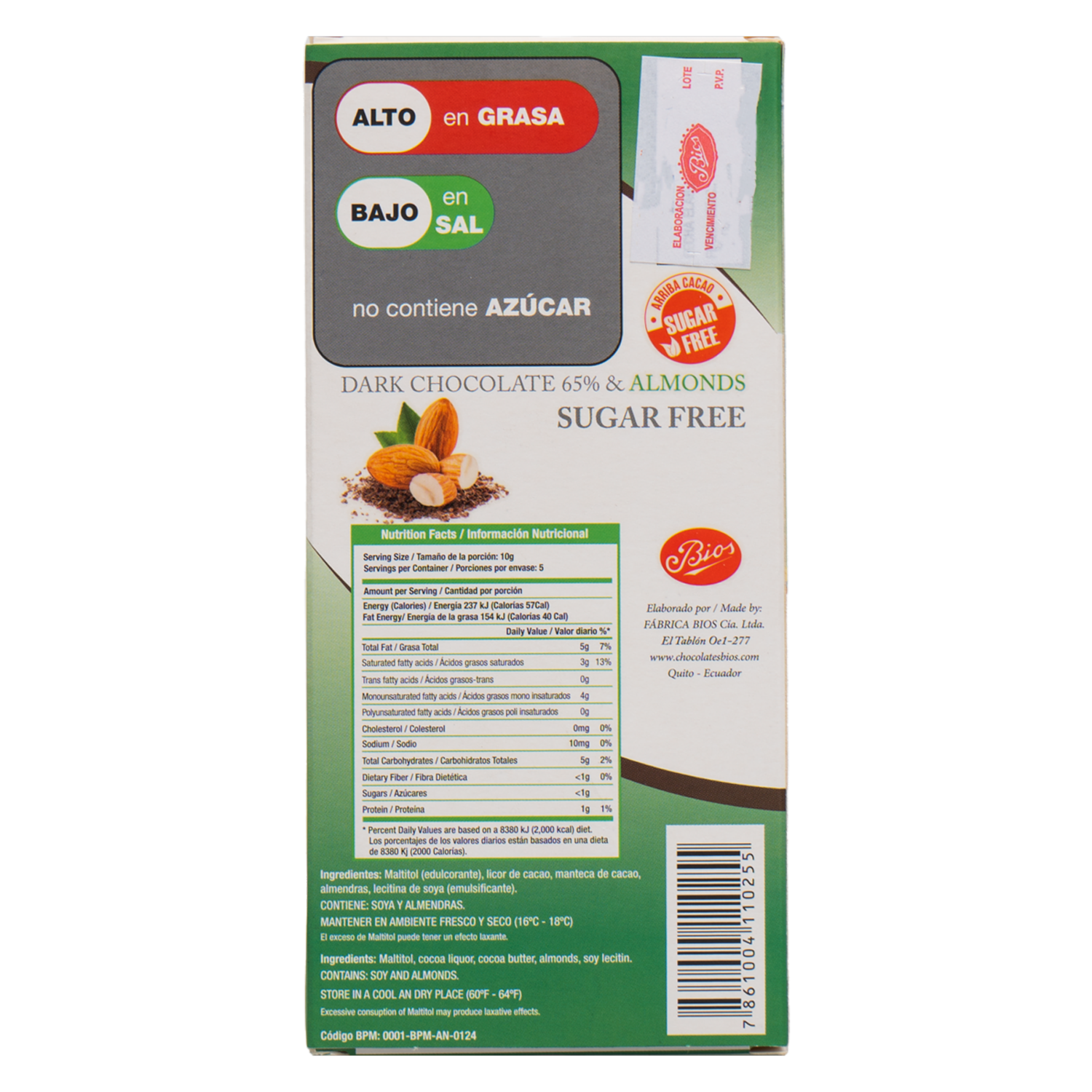 Chocolate Almendras Sin Azúcar BIOS 50 G