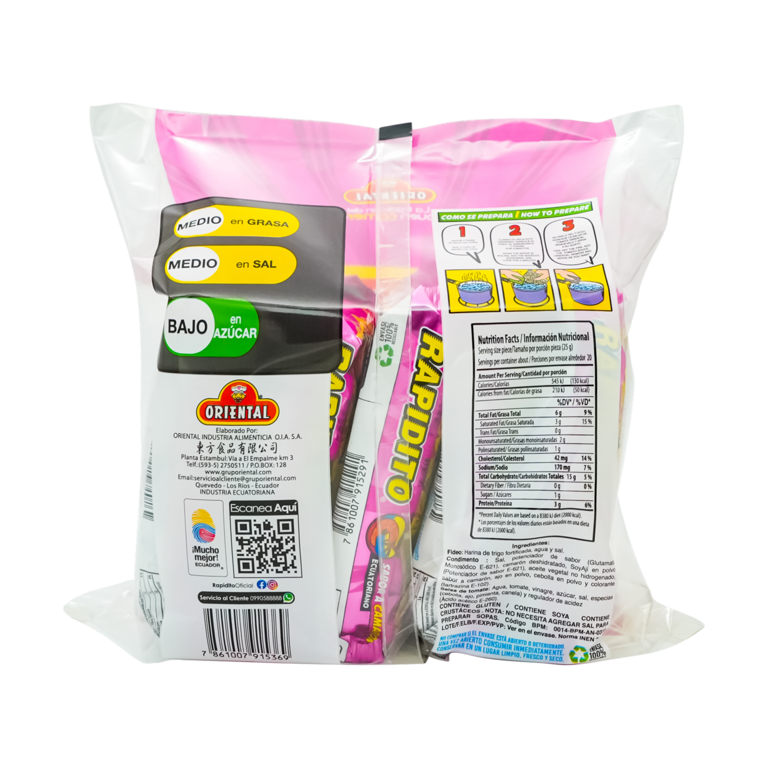 Fideo Instantáneos Rapidito De Camarón ORIENTAL 5 X 100 G