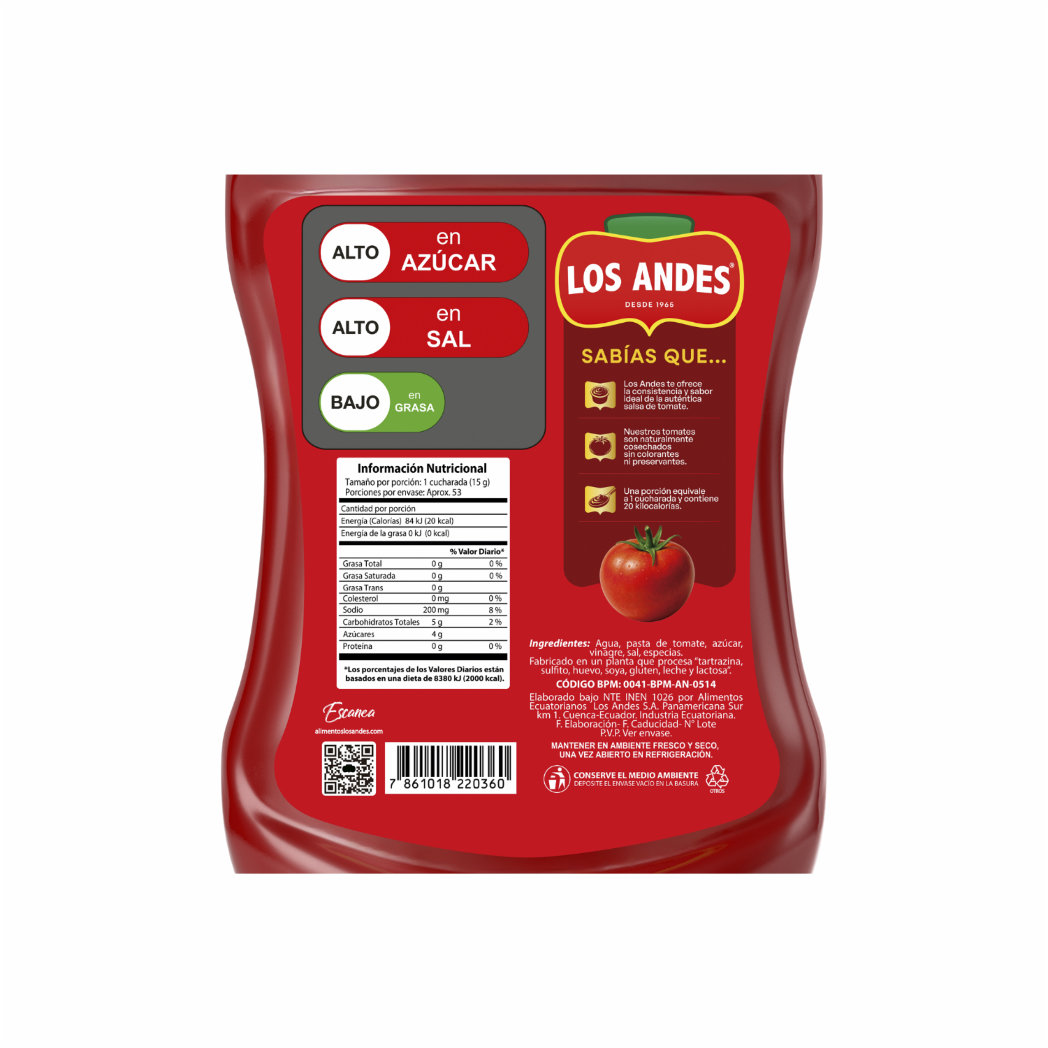 Salsa De Tomate Sin Gluten LOS ANDES Squeeze 800 G