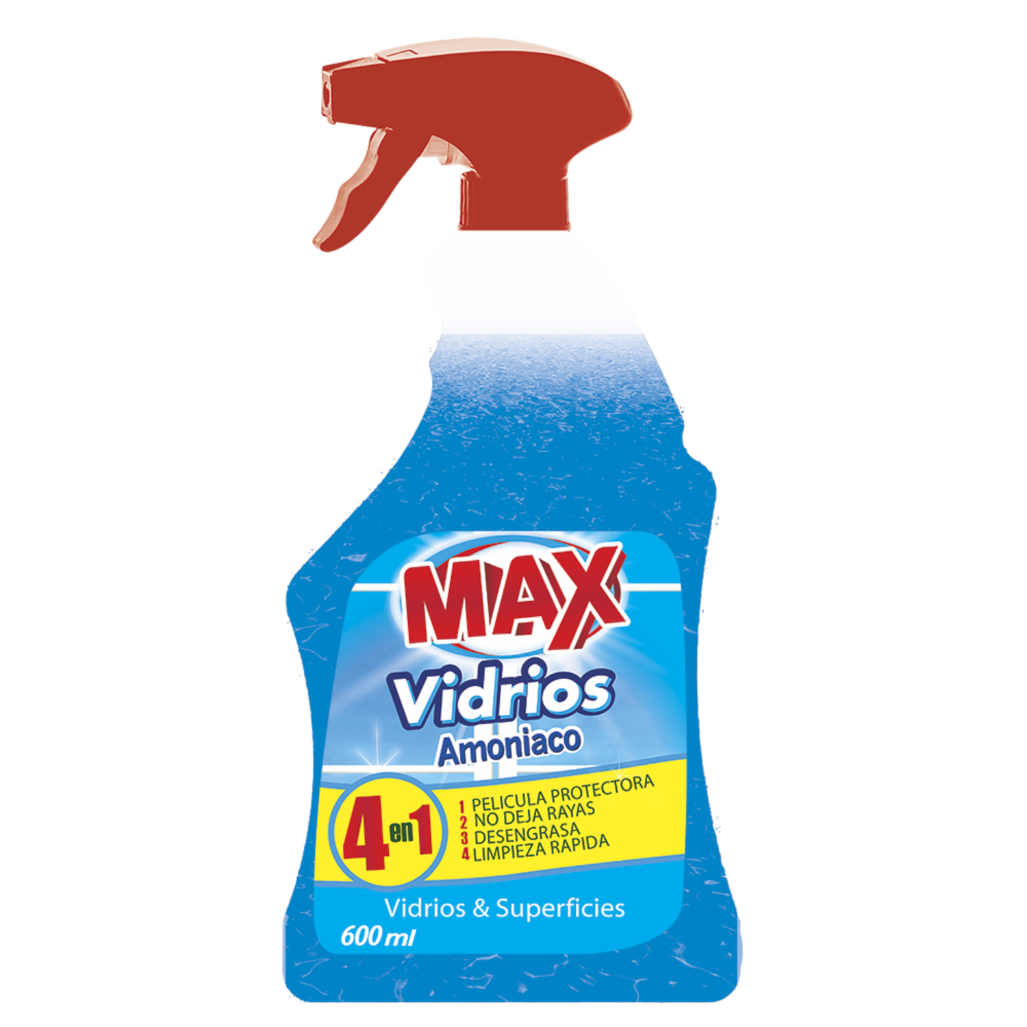 Limpiador De Vidrios Y Superficies Con Amoníaco 4 En 1 MAX 600 Ml