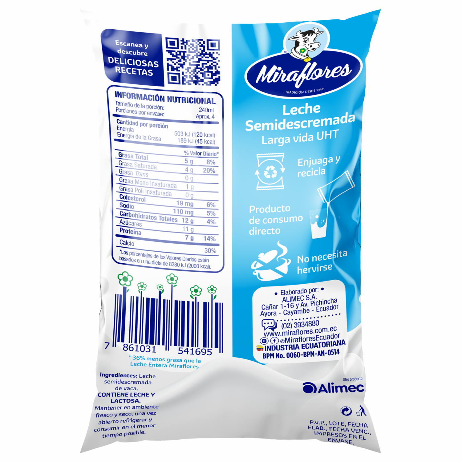 Leche Semidescremada 50% Libre De Grasa Sin Suero Fuente De Calcio MIRAFLORES 900 Ml