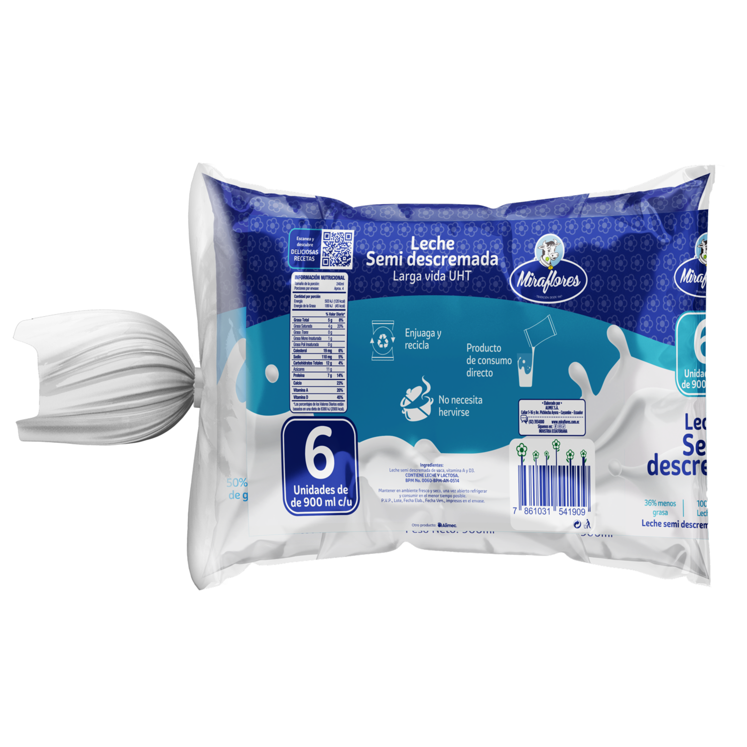 Leche Semidescremada 36% Menos Grasa Sin Suero Fuente De Calcio MIRAFLORES 6 Fundas X 900 Ml