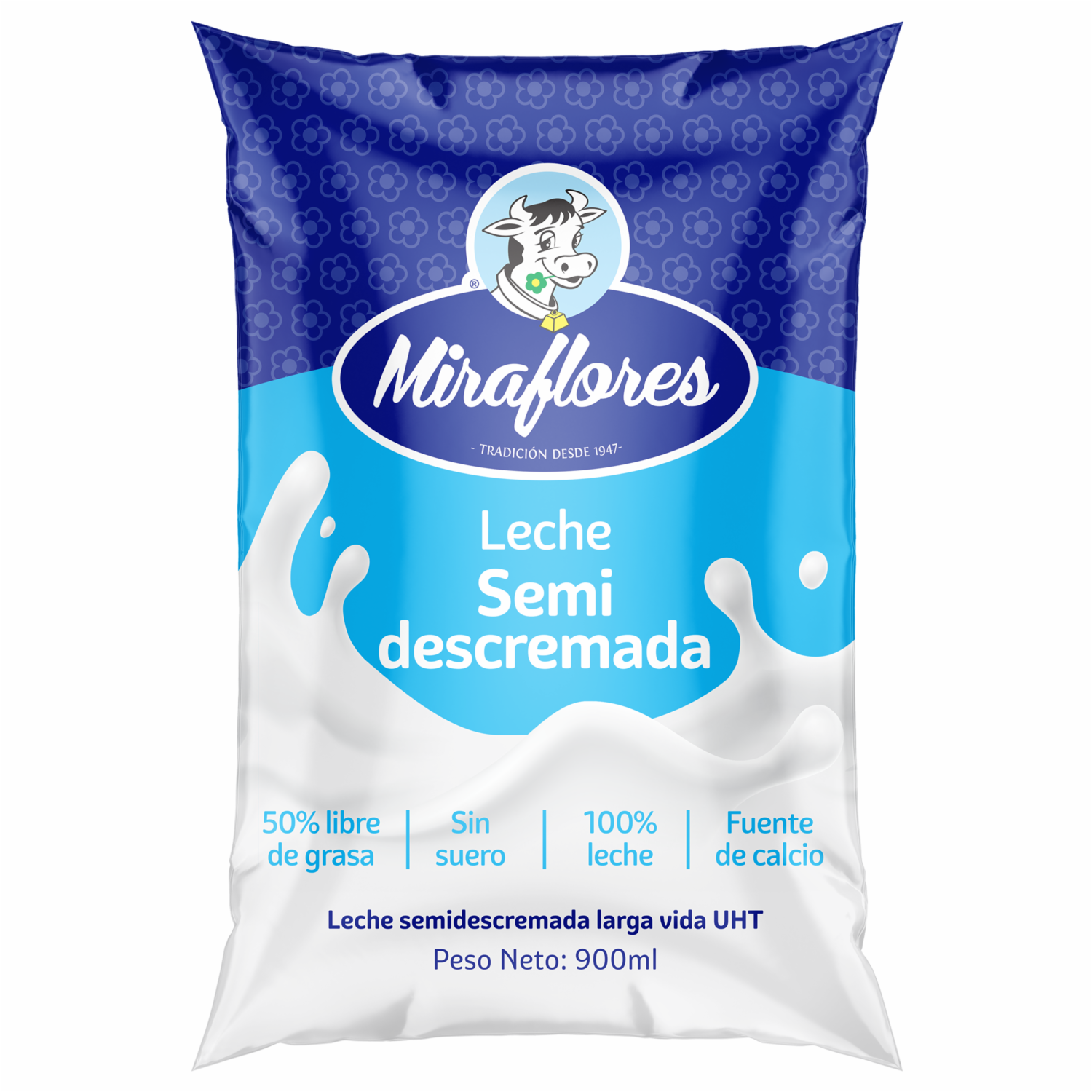 Leche Semidescremada 36% Menos Grasa Sin Suero Fuente De Calcio MIRAFLORES 6 Fundas X 900 Ml
