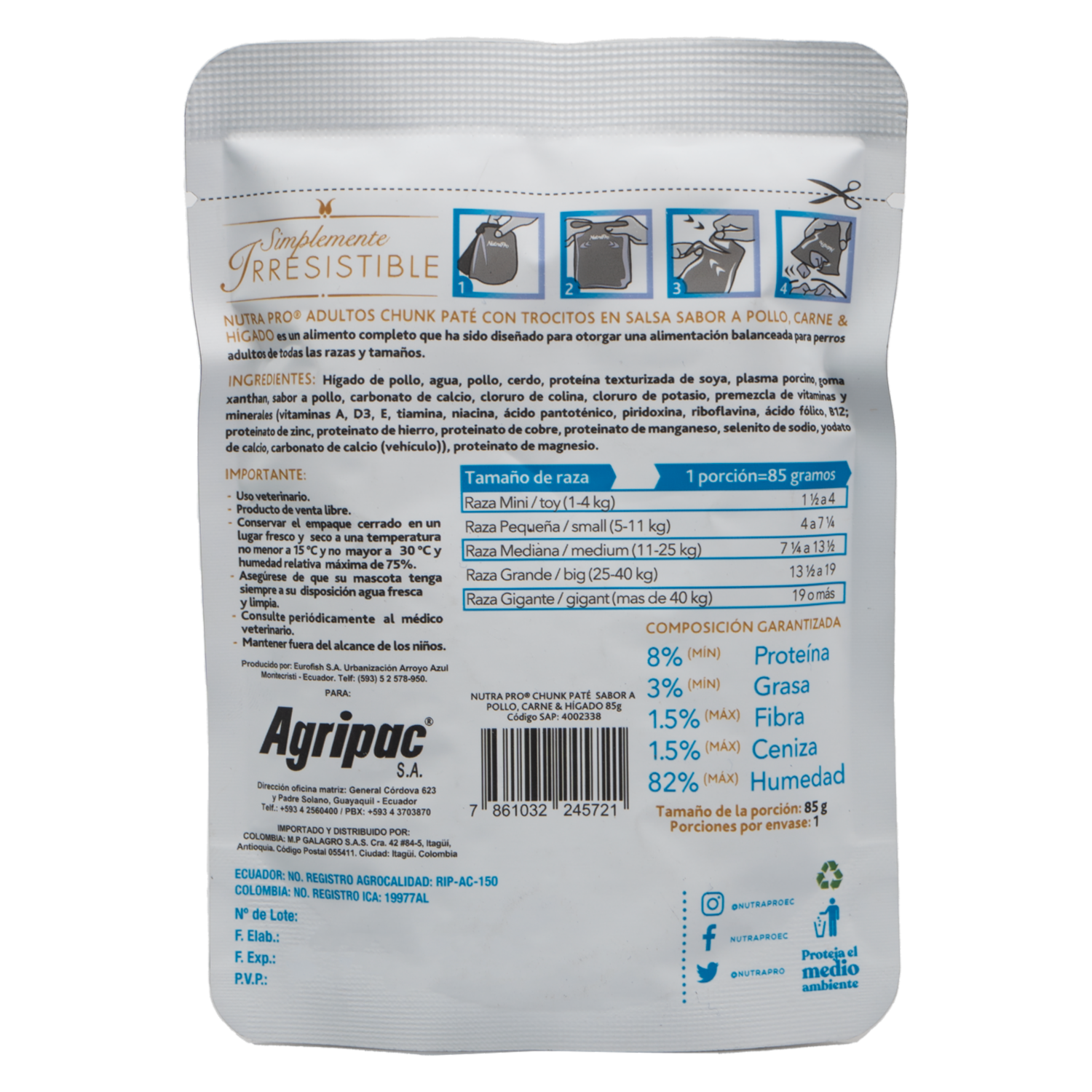Alimento Húmedo Para Perros Sabor Pate Pollo Carne Hígado NUTRAPRO 85 G