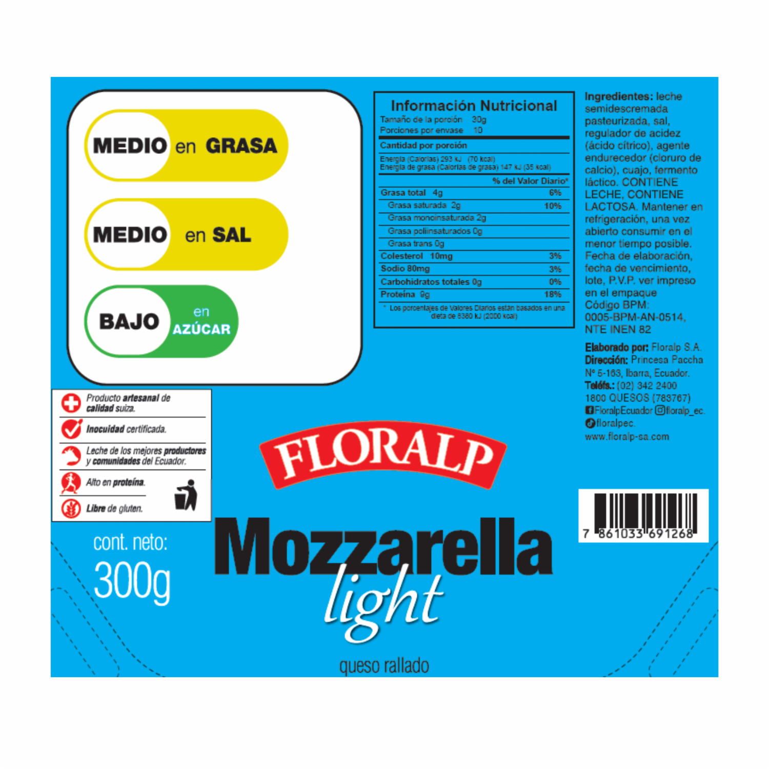 Queso Mozzarella Light Rallado FLORALP 300 G