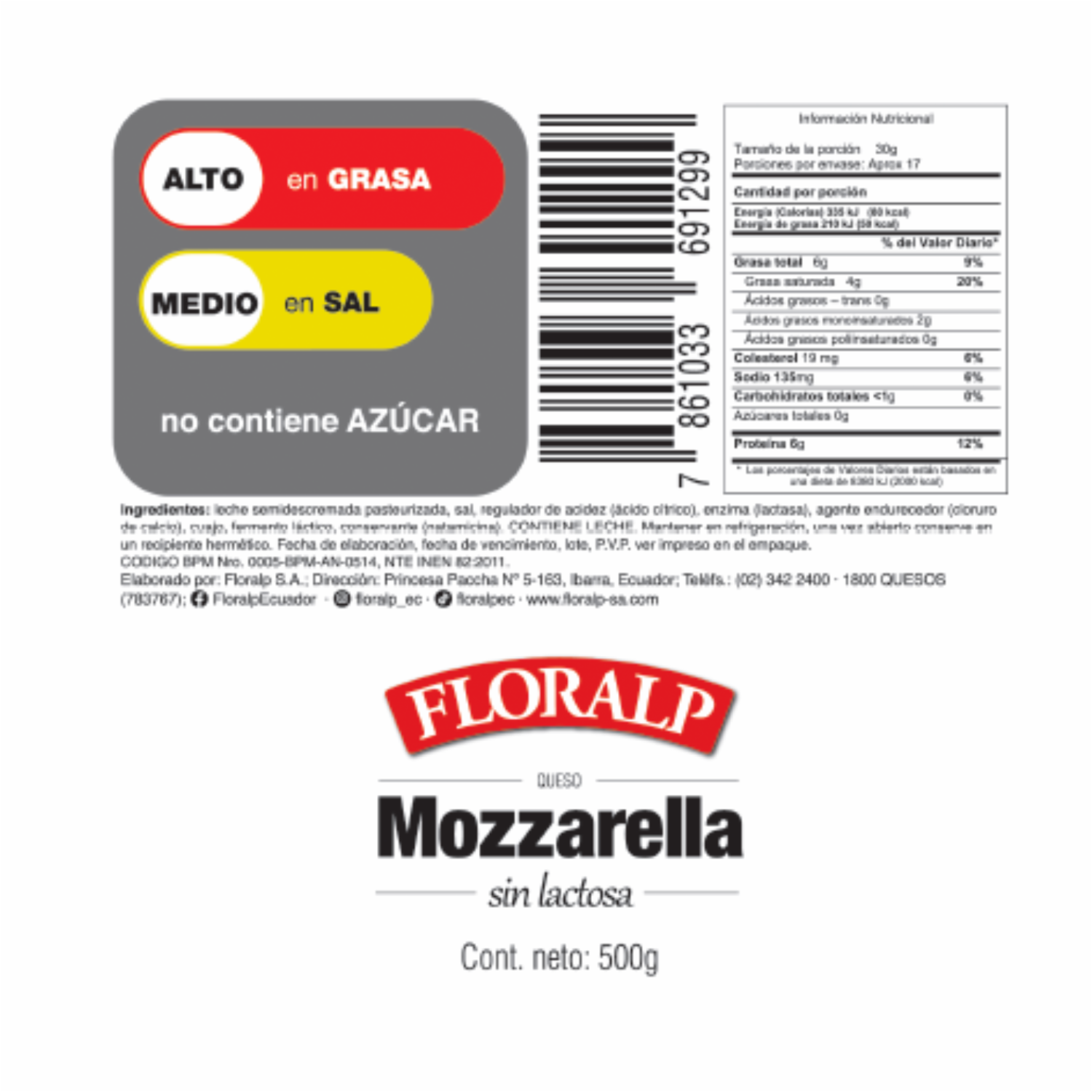 Queso Mozzarella Sin Lactosa FLORALP 500 G