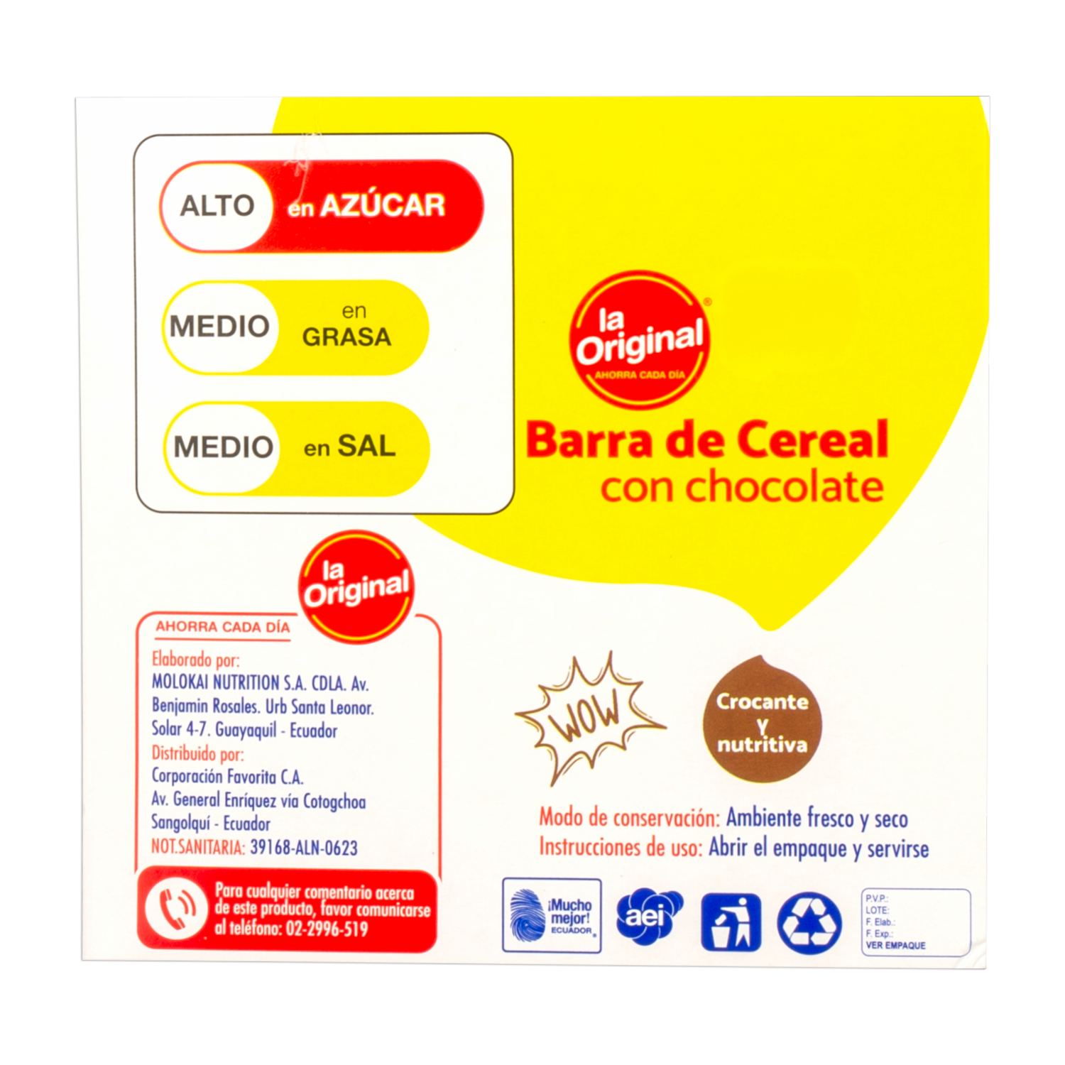 Barra De Cereal Sabor A Chocolate LA ORIGINAL 138 G