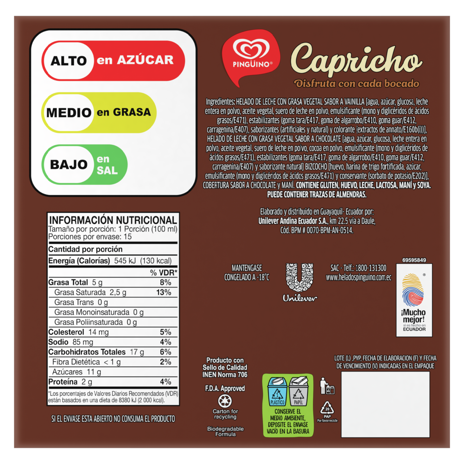 Torta Helada Capricho Vainilla Y Chocolate 15 Porciones PINGÜINO 1500 Ml