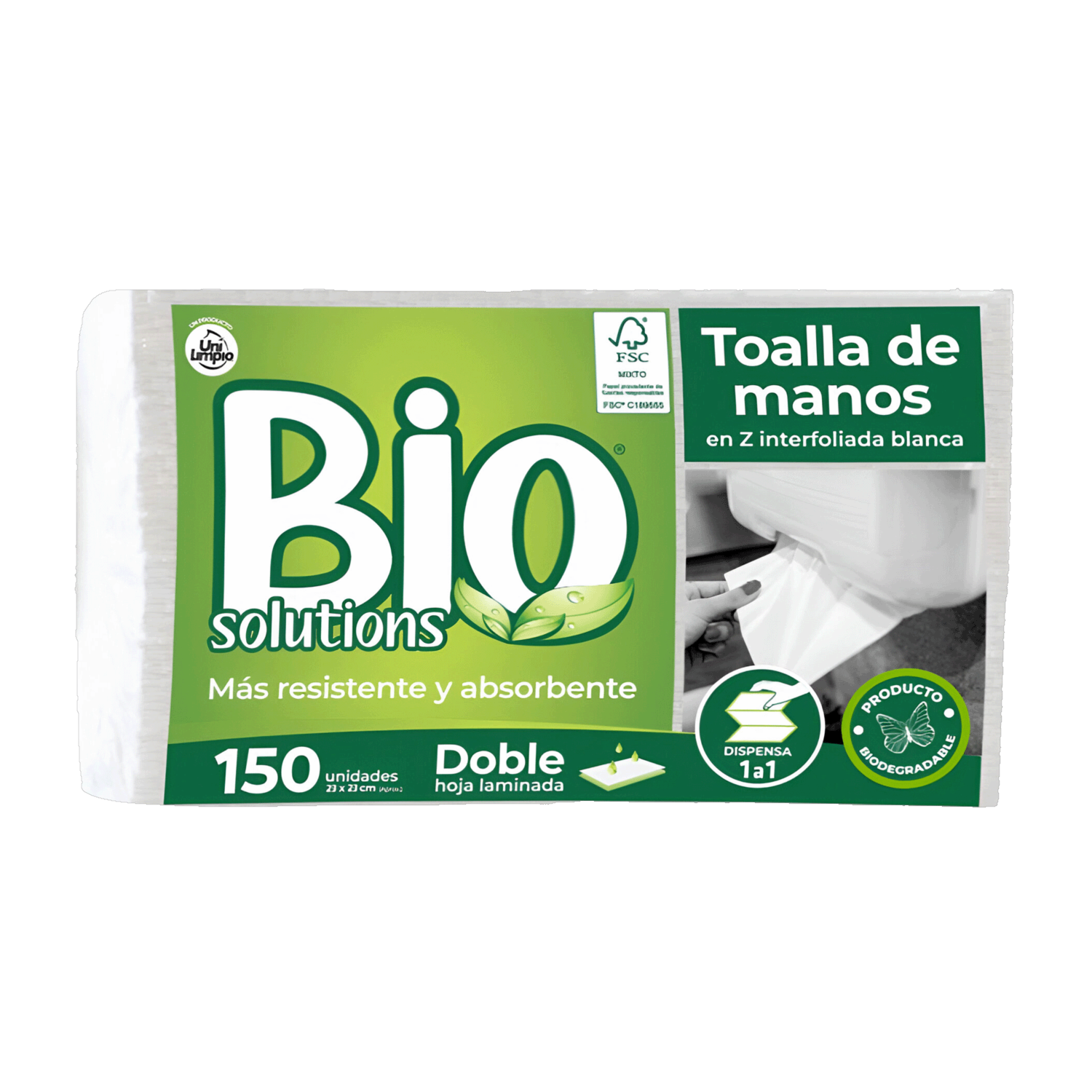 Toallas Desechables En Z Para Manos Blanca Biodegradable BIO SOLUTIONS X 150 Uds