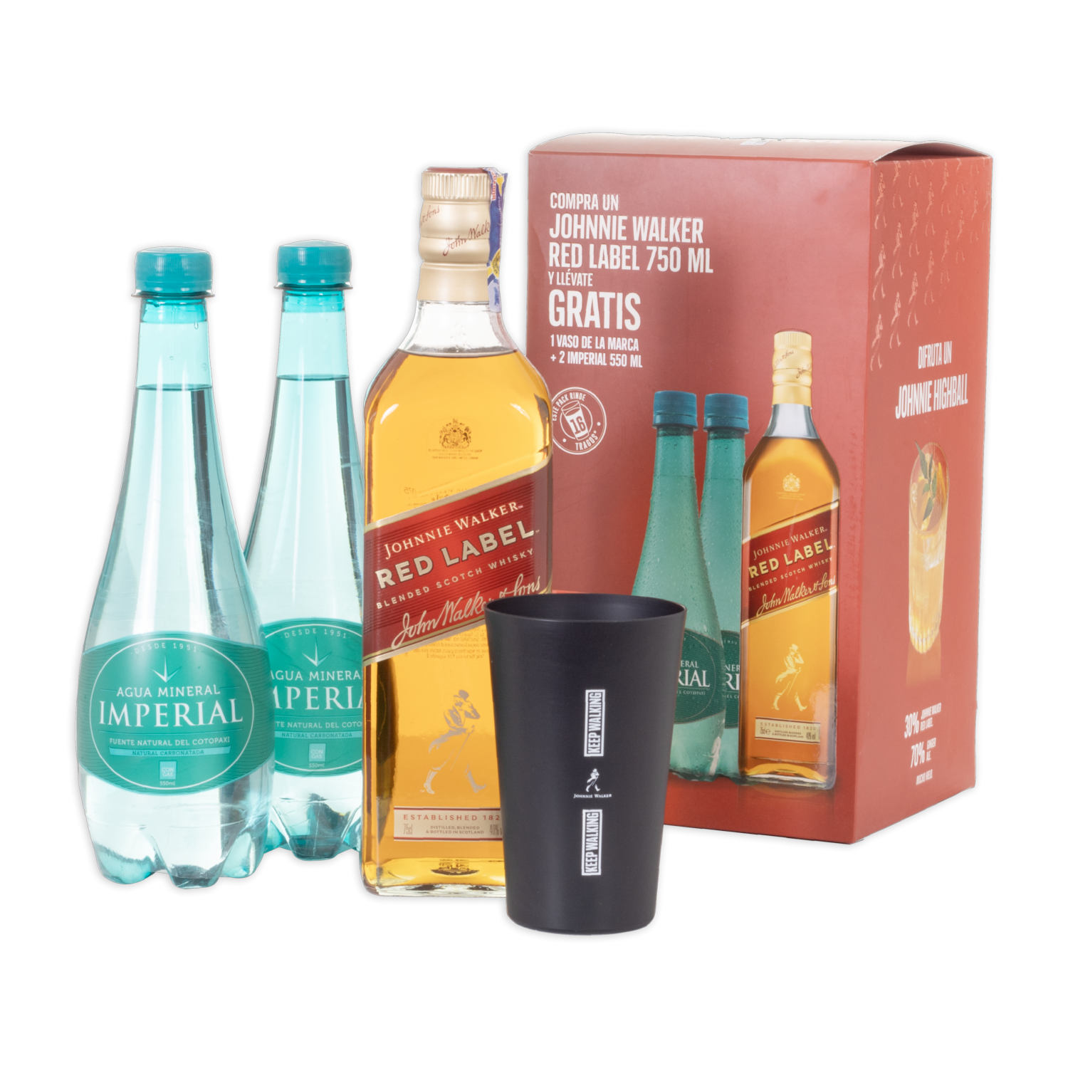 Whisky Red + Vaso Metálico + 2 Aguas JOHNNIE WALKER 750 Ml + VASO+2AGUA