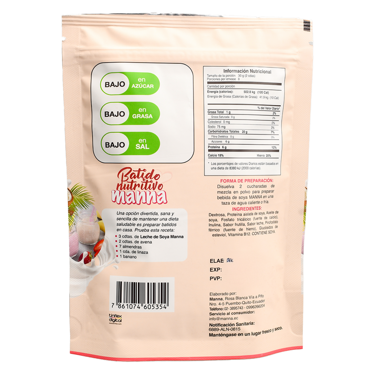 Bebida De Soya En Polvo Sabor A Frutilla MANNA 250 G