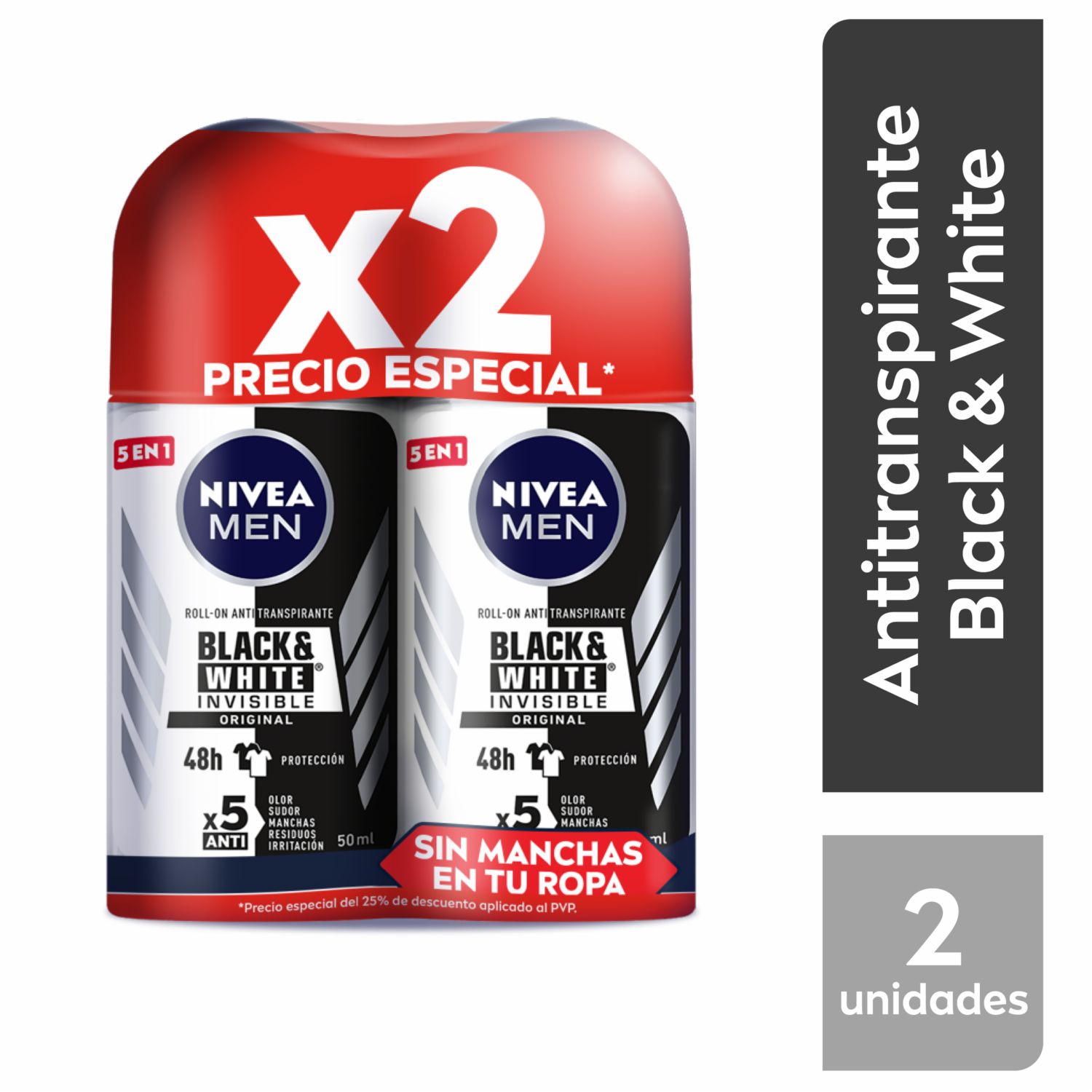 Desodorante En Roll On Para Caballero Invisible Black & White NIVEA MEN Pack X2 X 50 Ml