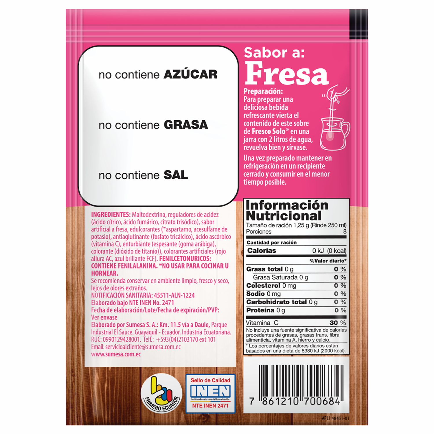 Mezcla En Polvo Para Bebida Sabor A Fresa Sin Azúcar FRESCO SOLO 10 g