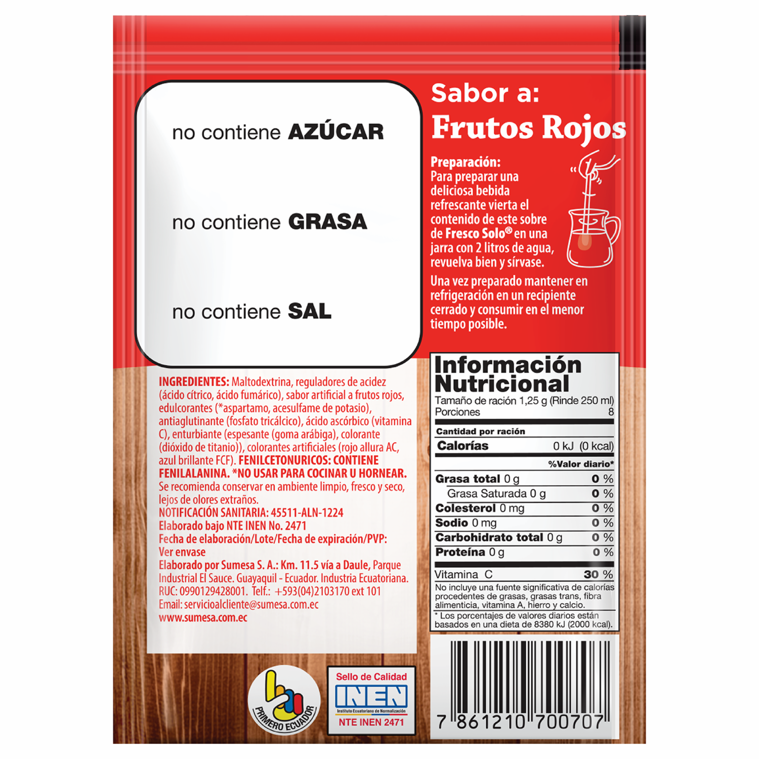 Mezcla En Polvo Para Bebida Sabor A Frutos Rojos Sin Azúcar FRESCO SOLO 10 g