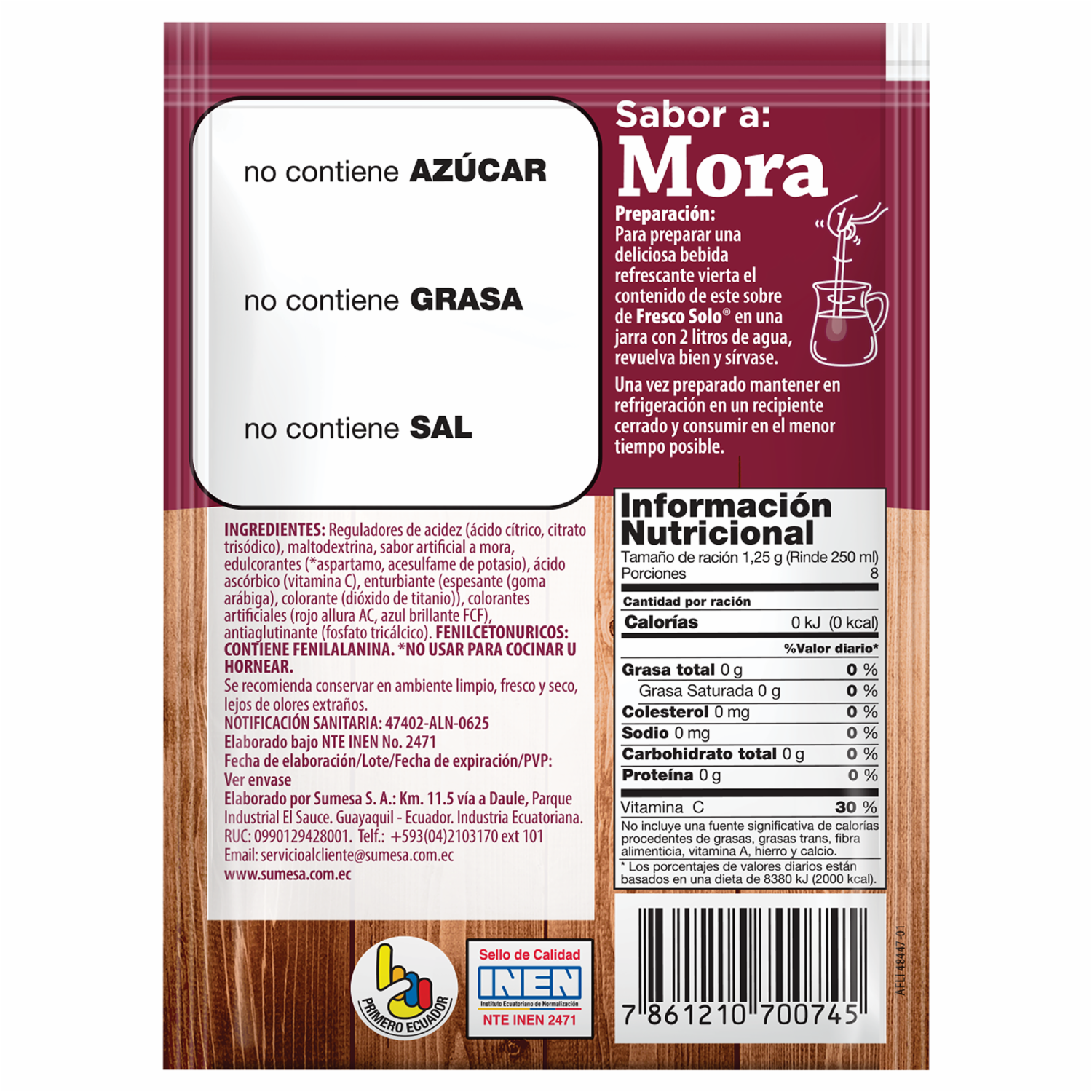 Mezcla En Polvo Para Bebida Sabor A Mora Sin Azúcar FRESCO SOLO Sobre